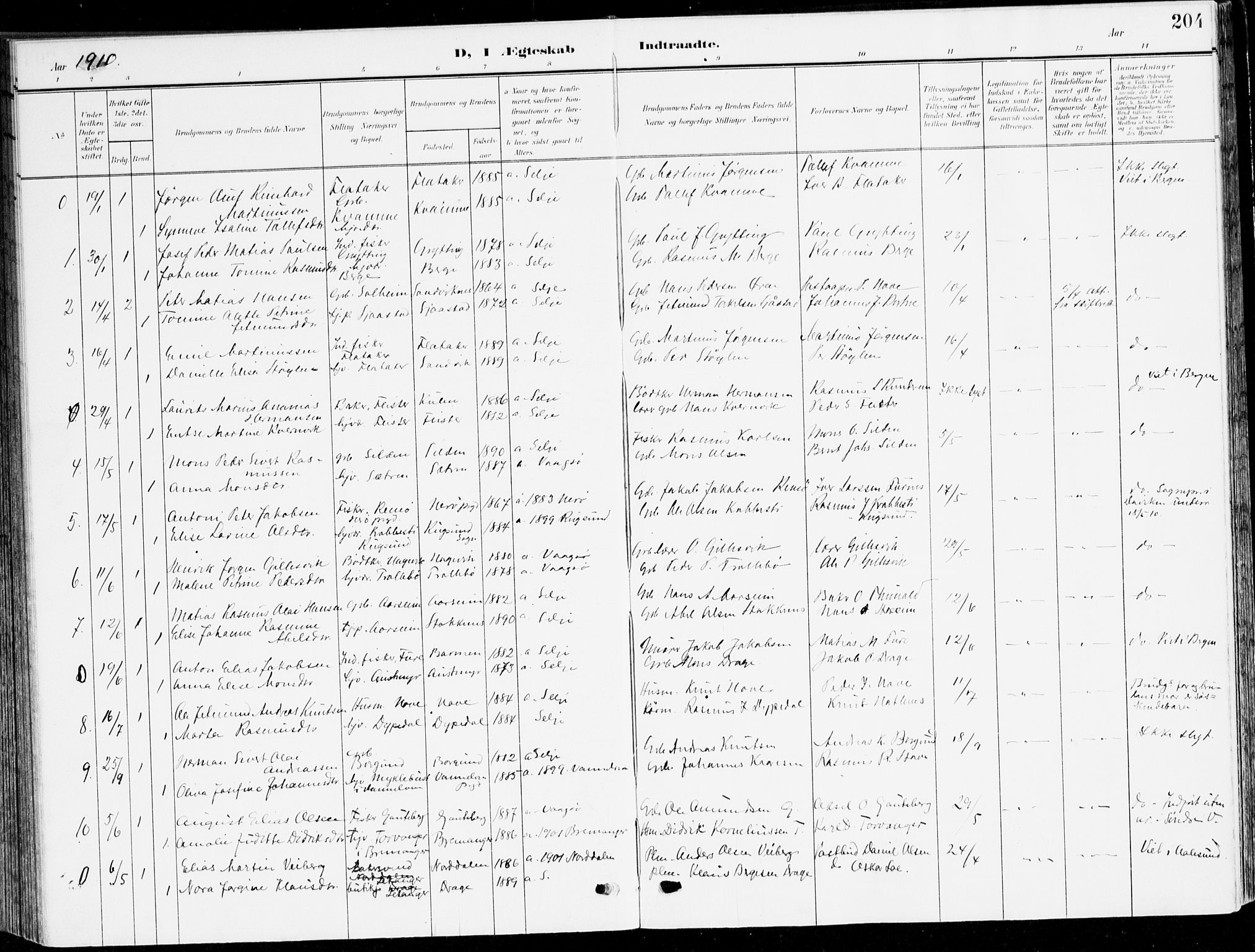 Selje sokneprestembete, SAB/A-99938/H/Ha/Haa/Haab: Parish register (official) no. B 3, 1908-1923, p. 204