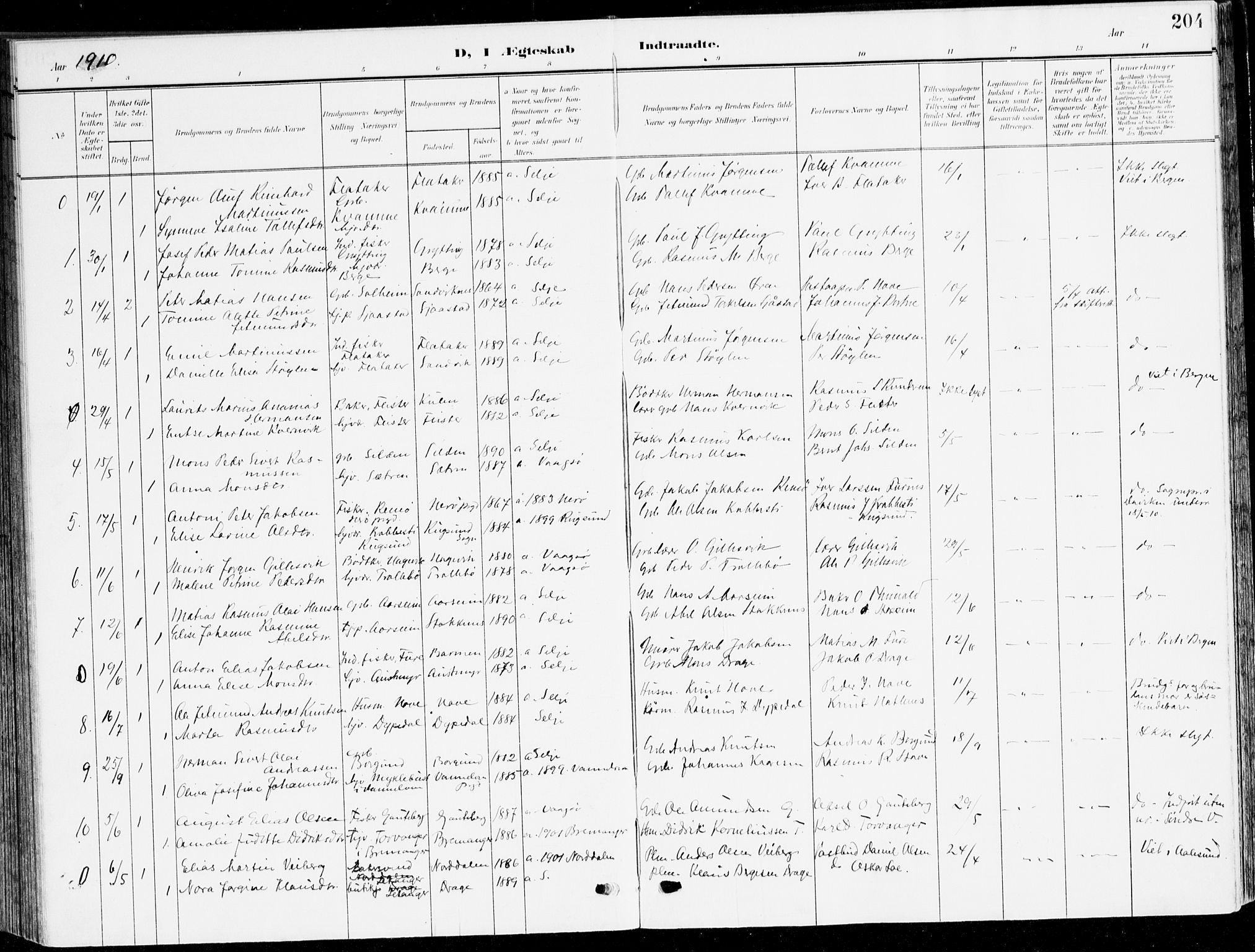 Selje sokneprestembete, AV/SAB-A-99938/H/Ha/Haa/Haab: Parish register (official) no. B 3, 1908-1923, p. 204