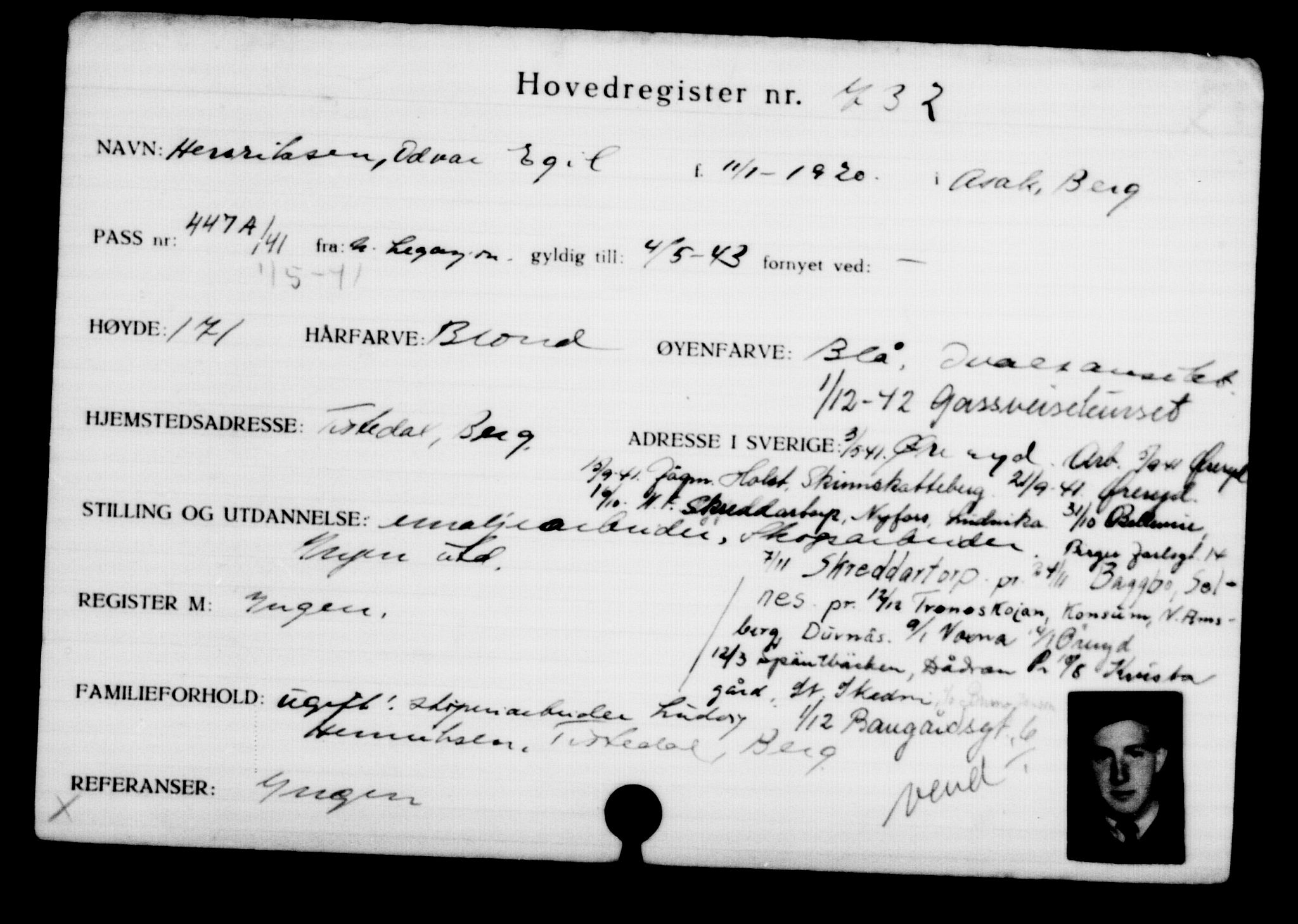 Utenriksstasjonene, Legasjonen i Stockholm, Flyktningkontoret, AV/RA-S-6753/V/Va/L0001: Kjesäterkartoteket, flyktninger med registreringsnr. 1-1000, 1940-1945, p. 1148