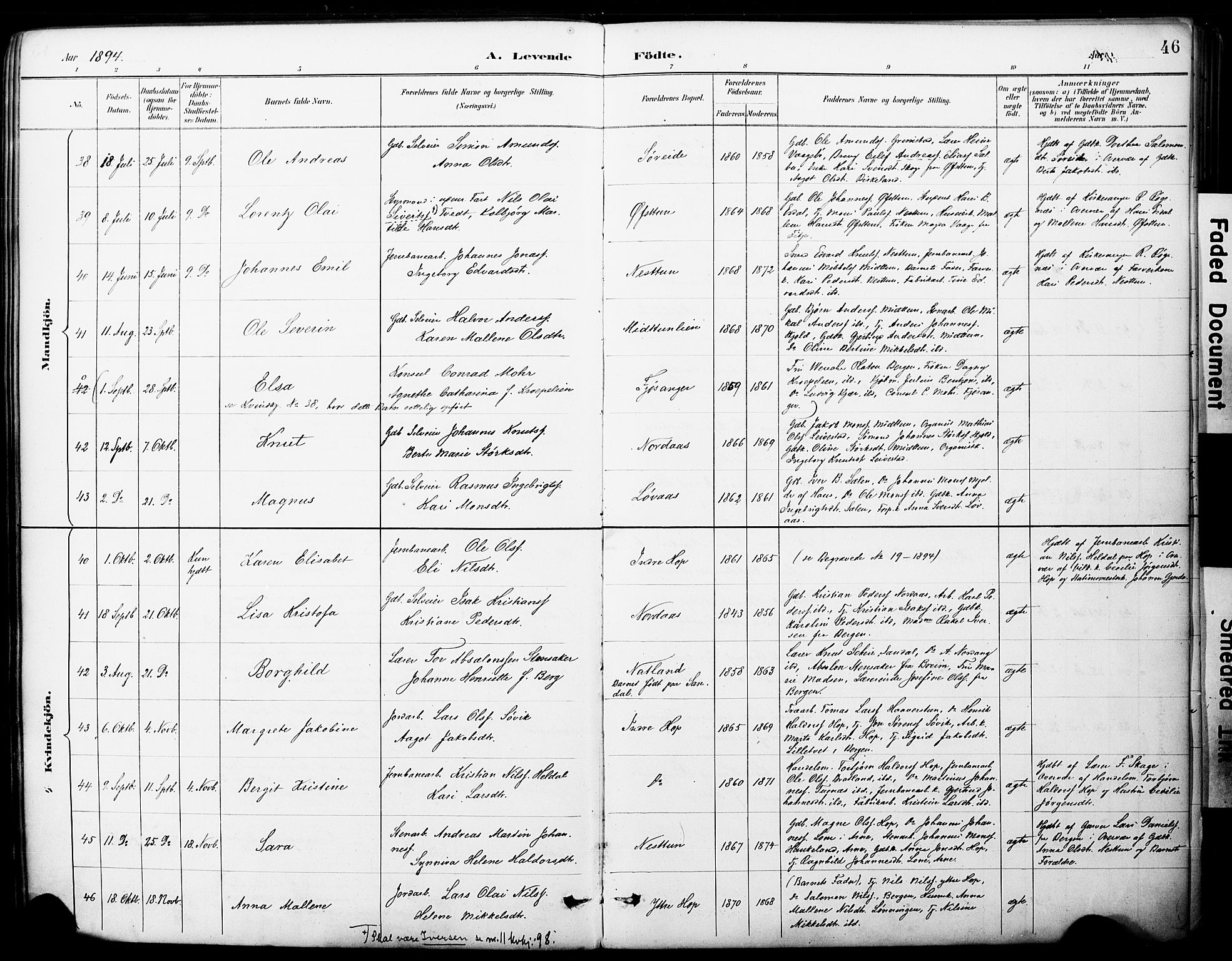 Fana Sokneprestembete, SAB/A-75101/H/Haa/Haai/L0002: Parish register (official) no. I 2, 1888-1899, p. 46