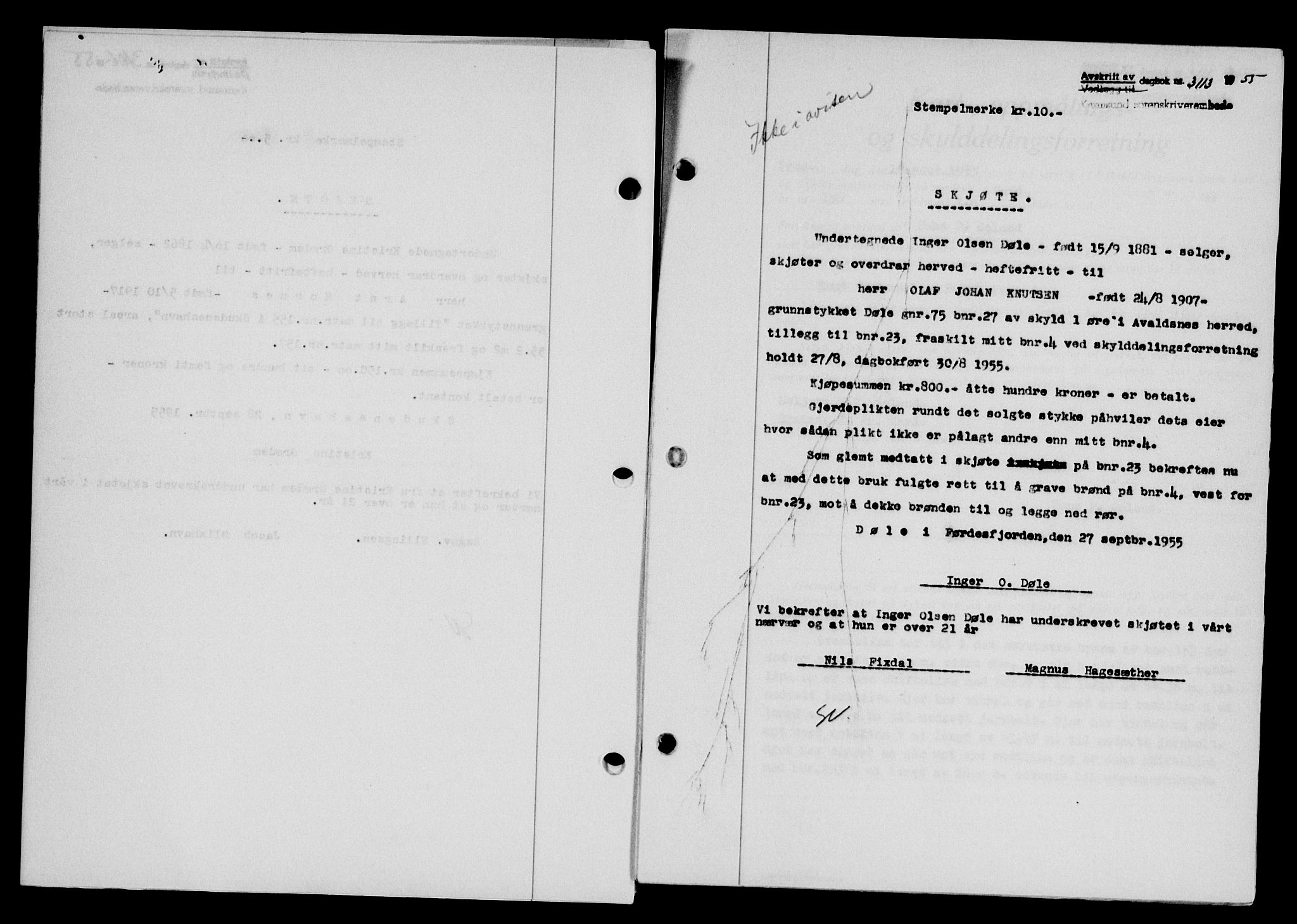 Karmsund sorenskriveri, SAST/A-100311/01/II/IIB/L0117: Mortgage book no. 97Aa, 1955-1955, Diary no: : 3113/1955
