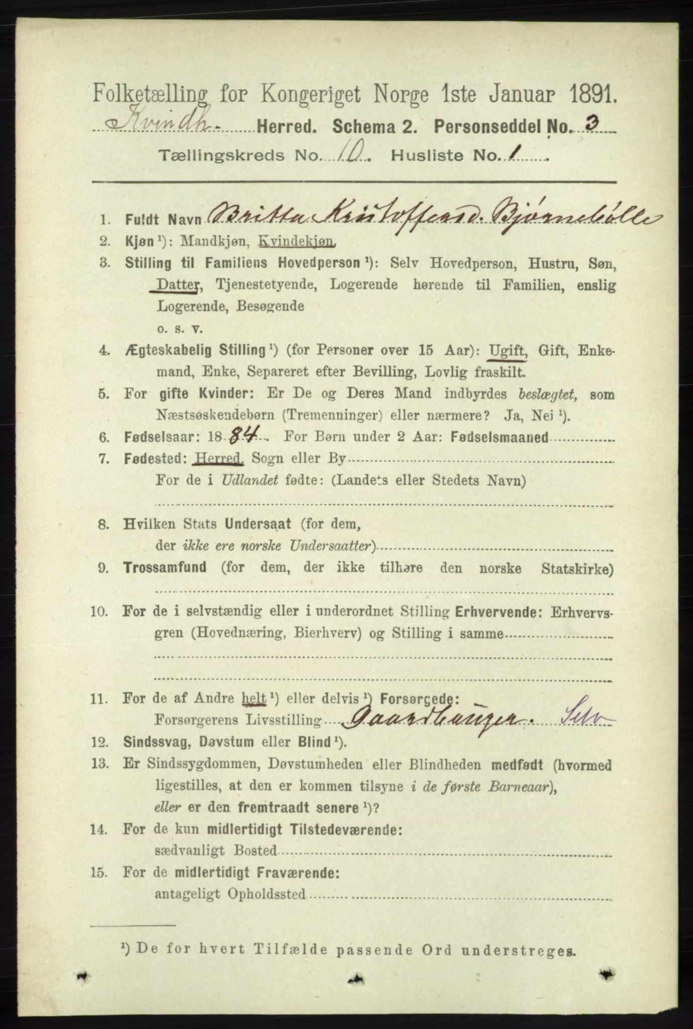 RA, 1891 census for 1224 Kvinnherad, 1891, p. 3565