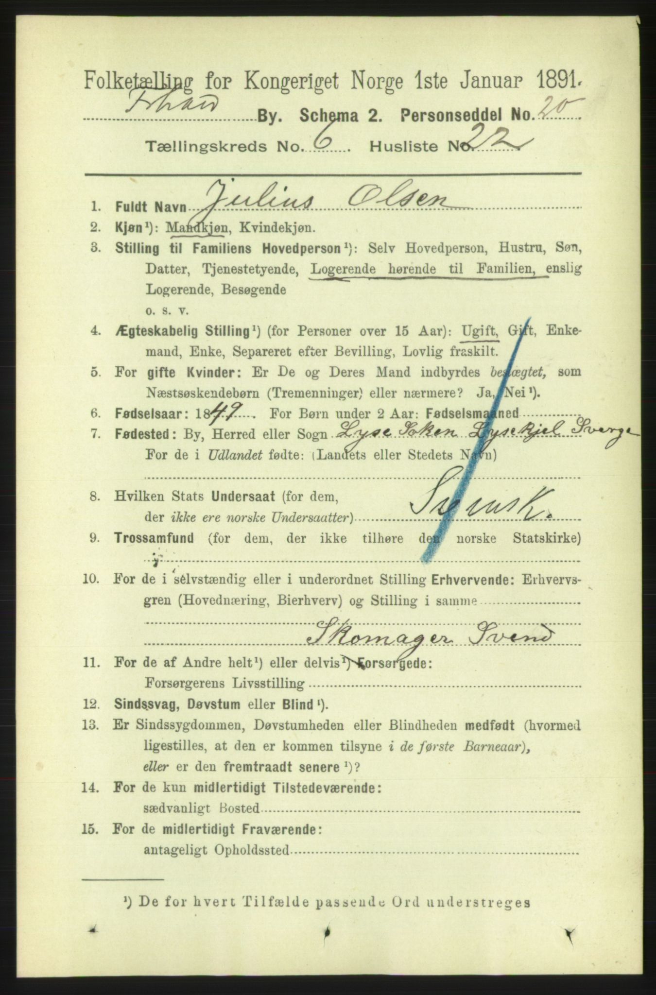 RA, 1891 census for 0101 Fredrikshald, 1891, p. 4861
