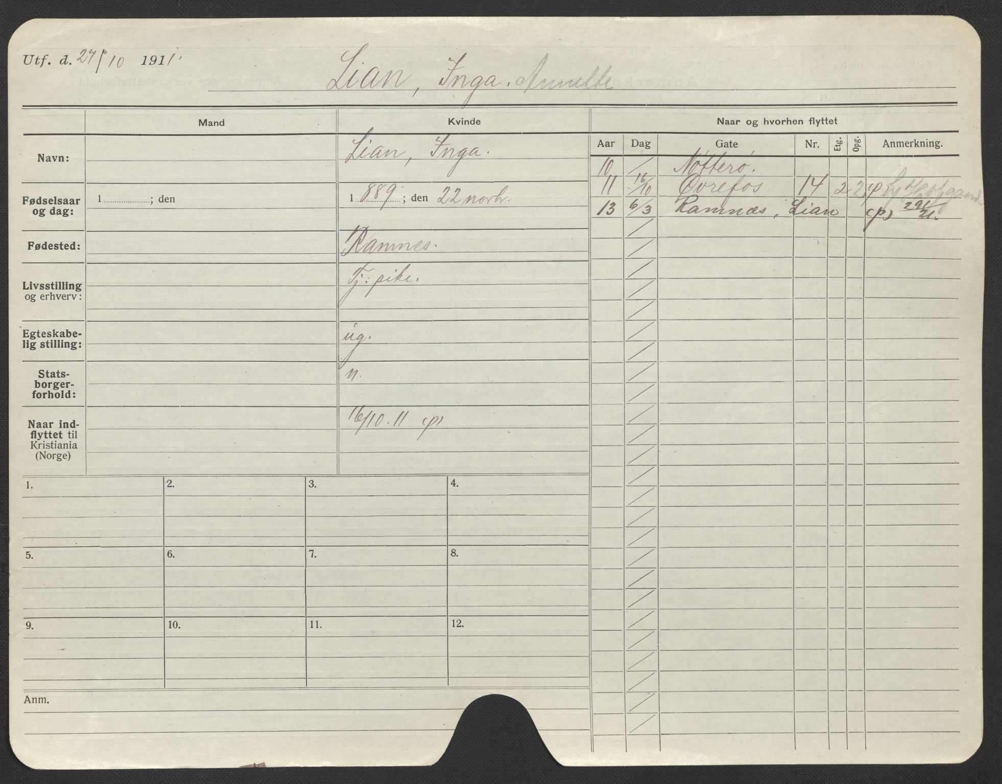 Oslo folkeregister, Registerkort, AV/SAO-A-11715/F/Fa/Fac/L0020: Kvinner, 1906-1914, p. 75a