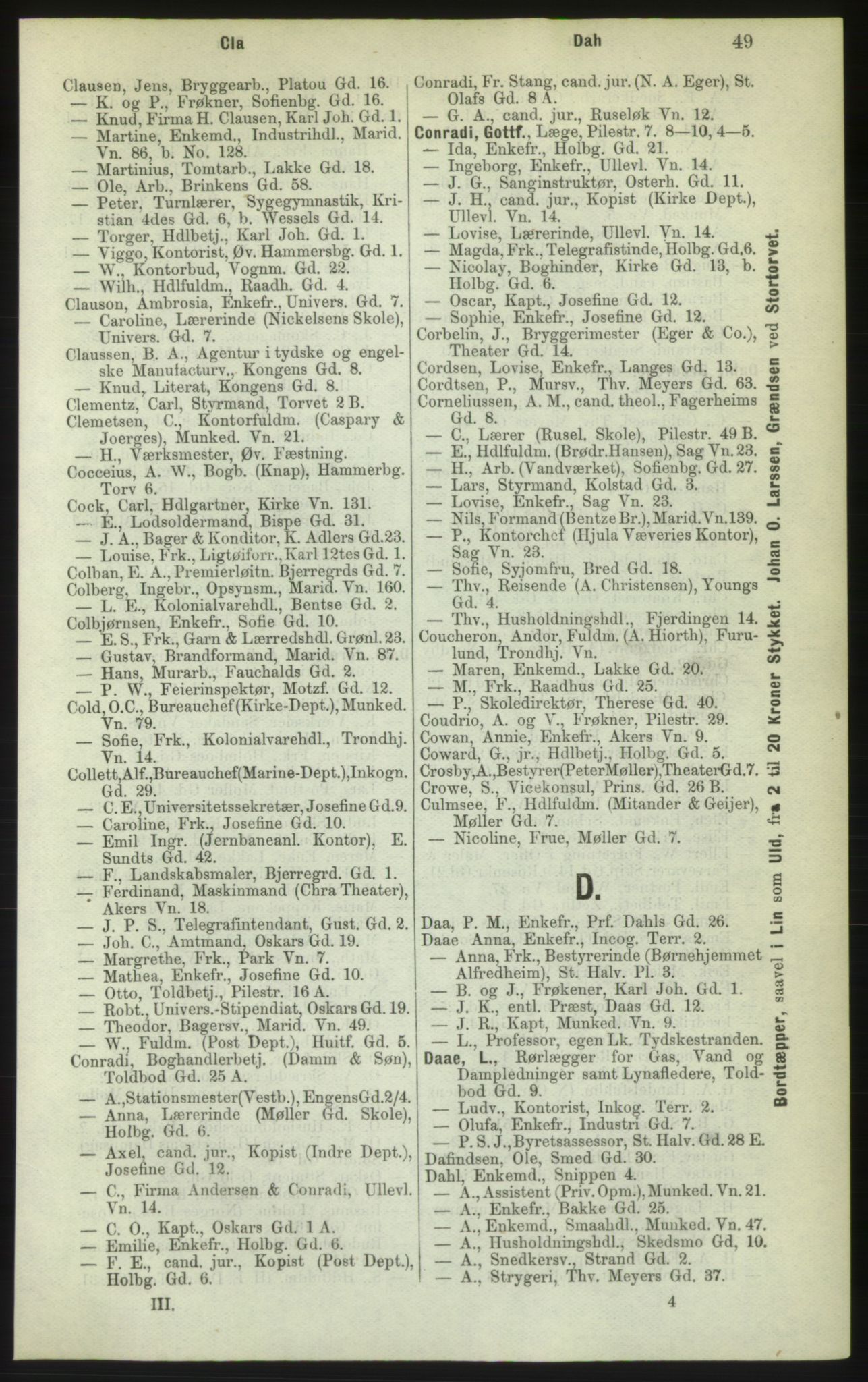 Kristiania/Oslo adressebok, PUBL/-, 1882, p. 49