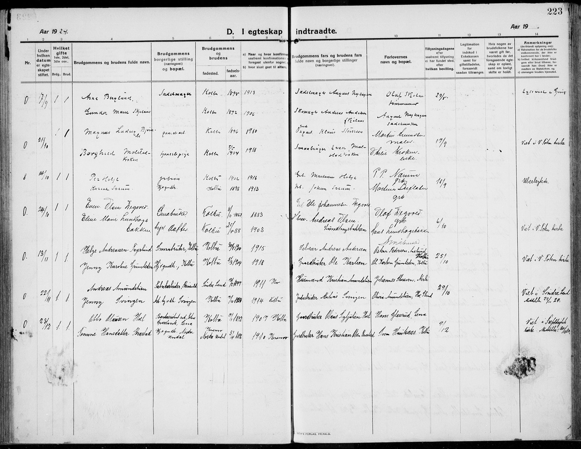 Kolbu prestekontor, AV/SAH-PREST-110/H/Ha/Haa/L0002: Parish register (official) no. 2, 1912-1926, p. 223