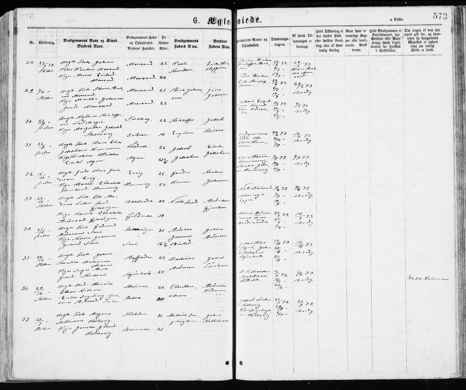 Ministerialprotokoller, klokkerbøker og fødselsregistre - Sør-Trøndelag, SAT/A-1456/640/L0576: Parish register (official) no. 640A01, 1846-1876, p. 573