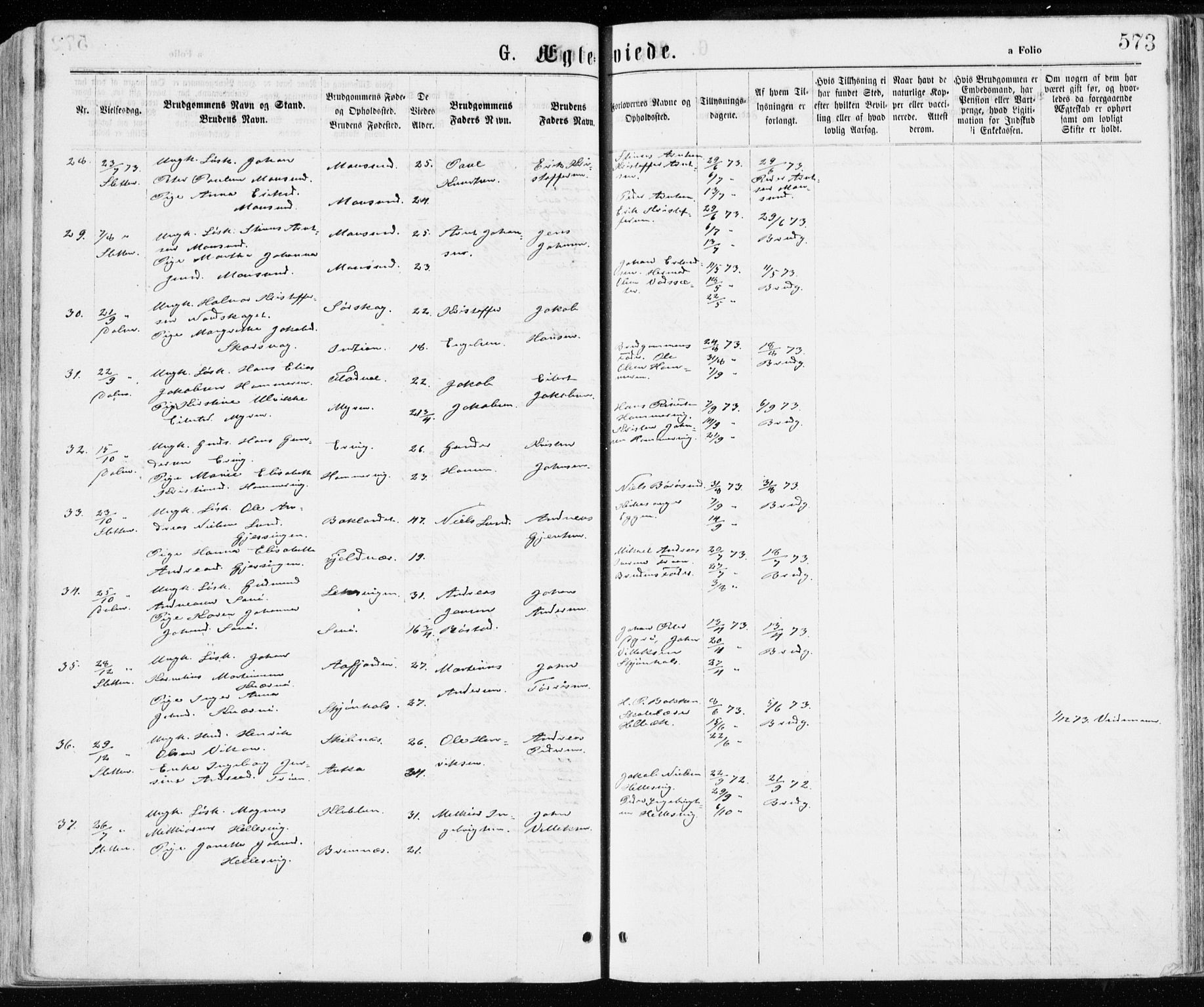 Ministerialprotokoller, klokkerbøker og fødselsregistre - Sør-Trøndelag, AV/SAT-A-1456/640/L0576: Parish register (official) no. 640A01, 1846-1876, p. 573