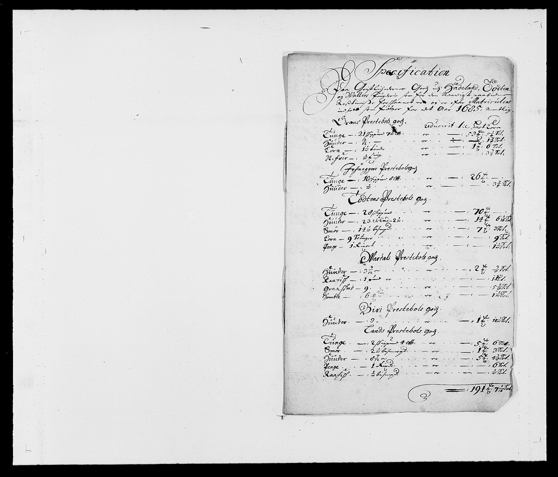 Rentekammeret inntil 1814, Reviderte regnskaper, Fogderegnskap, RA/EA-4092/R18/L1284: Fogderegnskap Hadeland, Toten og Valdres, 1685, p. 207