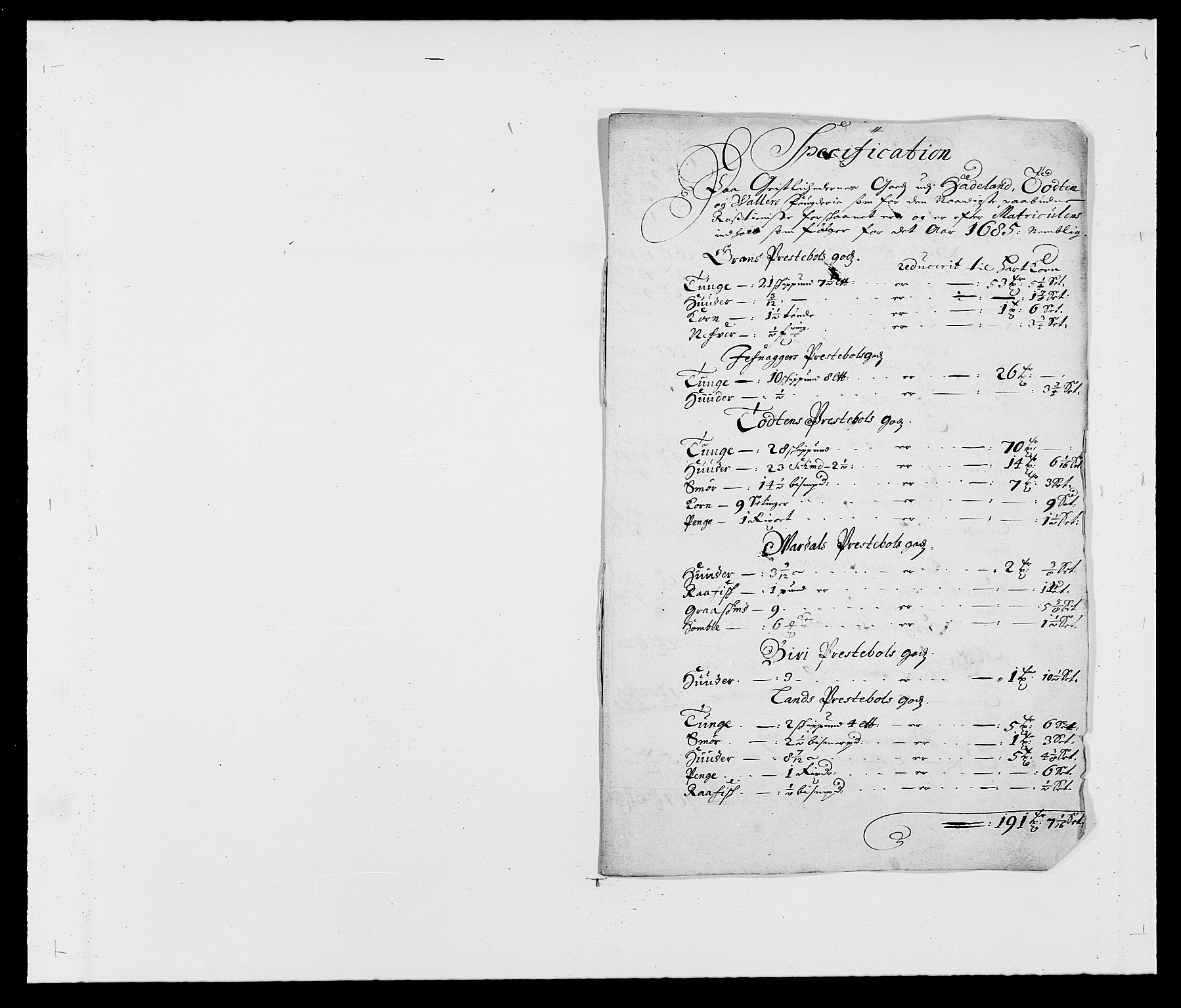 Rentekammeret inntil 1814, Reviderte regnskaper, Fogderegnskap, AV/RA-EA-4092/R18/L1284: Fogderegnskap Hadeland, Toten og Valdres, 1685, p. 207