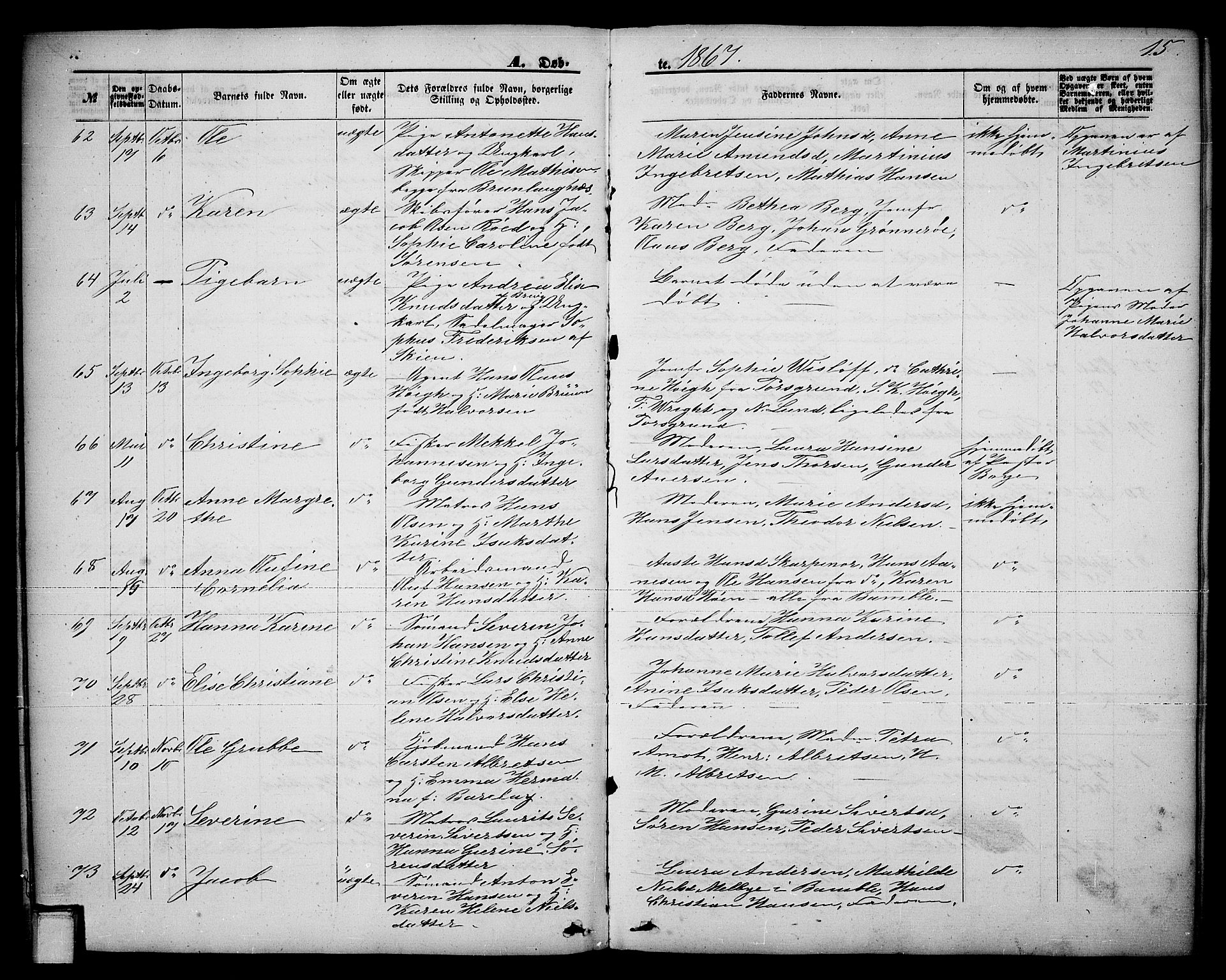 Brevik kirkebøker, AV/SAKO-A-255/G/Ga/L0003: Parish register (copy) no. 3, 1866-1881, p. 15