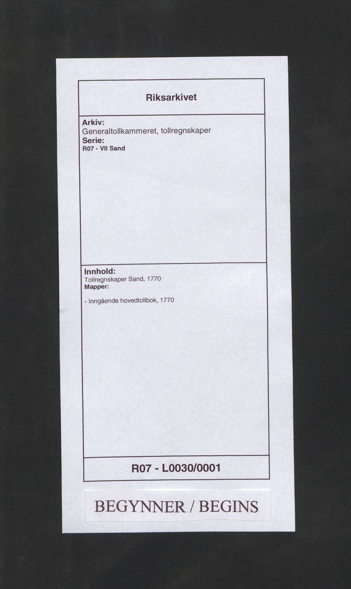 Generaltollkammeret, tollregnskaper, RA/EA-5490/R07/L0030/0001: Tollregnskaper Sand / Inngående hovedtollbok, 1770