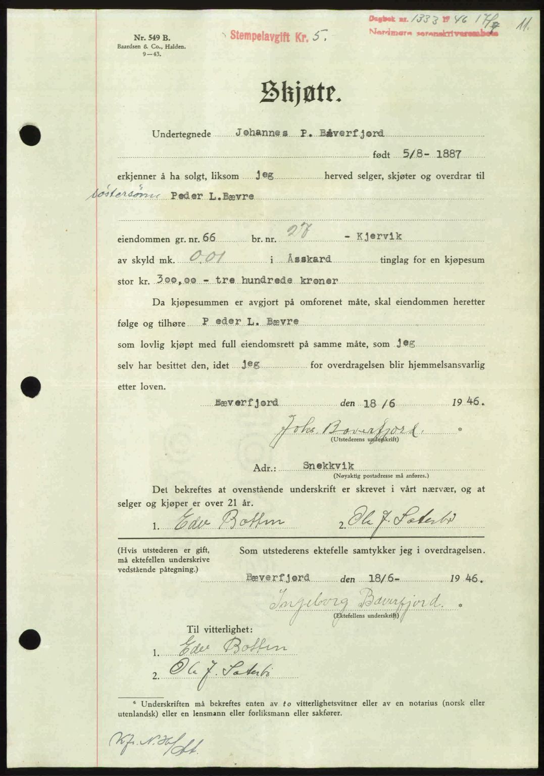 Nordmøre sorenskriveri, AV/SAT-A-4132/1/2/2Ca: Mortgage book no. A102, 1946-1946, Diary no: : 1333/1946