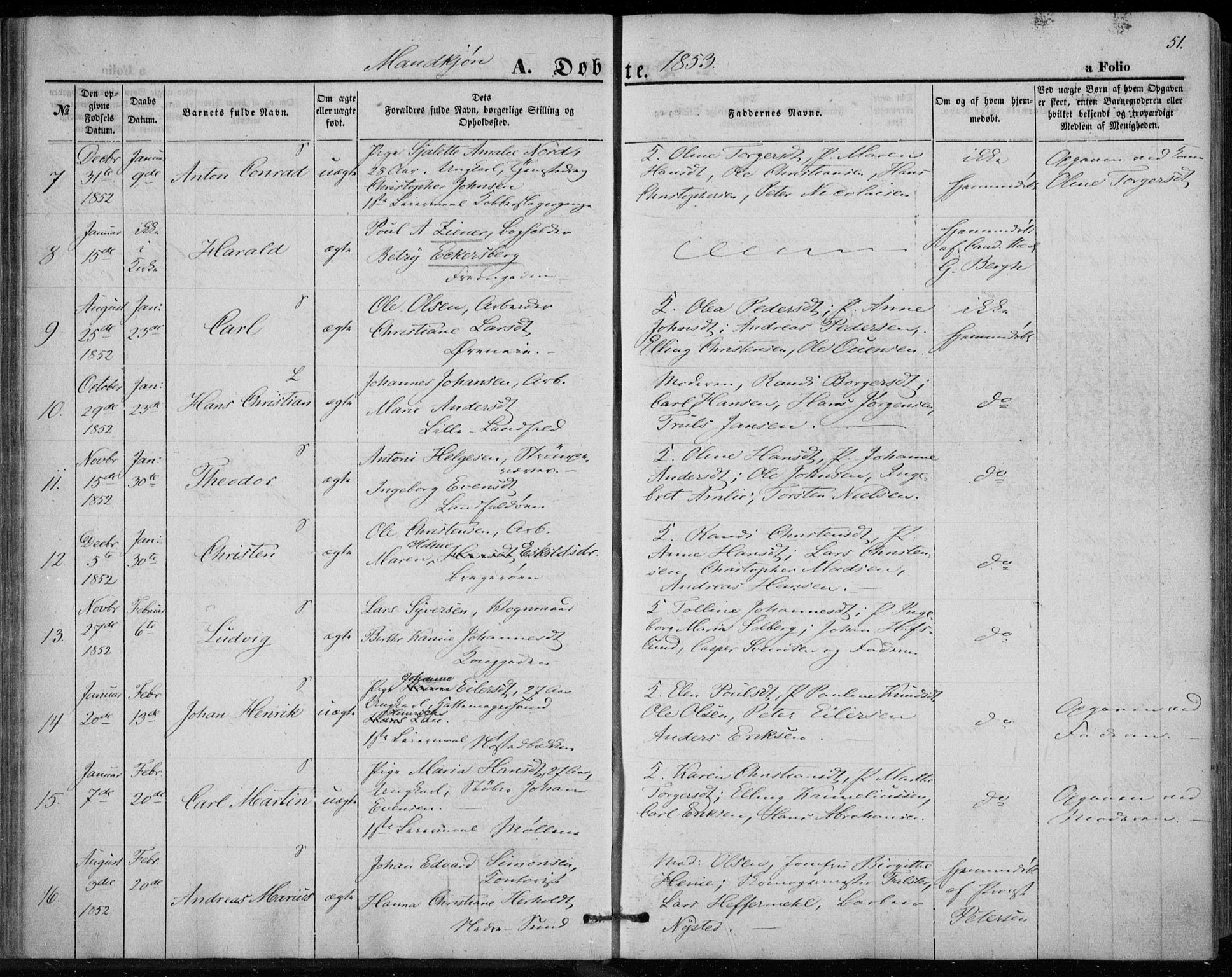 Bragernes kirkebøker, SAKO/A-6/F/Fb/L0002: Parish register (official) no. II 2, 1848-1859, p. 51