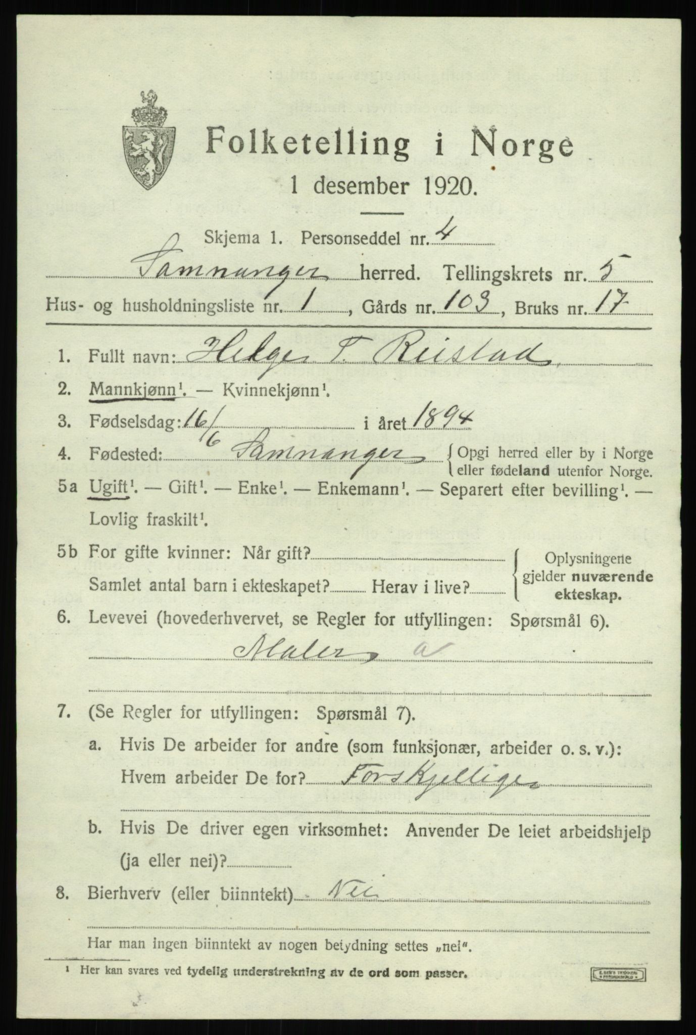 SAB, 1920 census for Samnanger, 1920, p. 1777