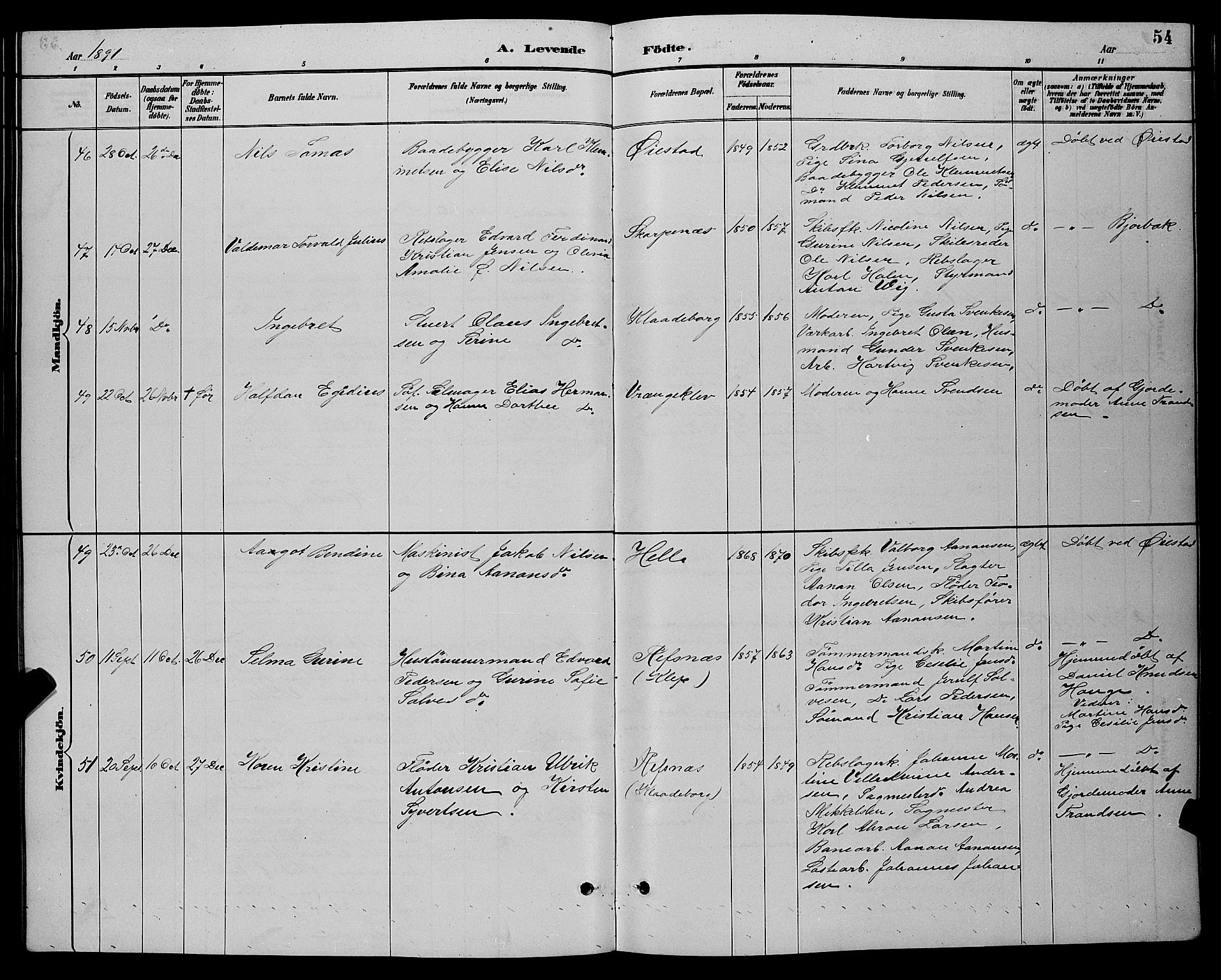 Øyestad sokneprestkontor, AV/SAK-1111-0049/F/Fb/L0009: Parish register (copy) no. B 9, 1886-1896, p. 54