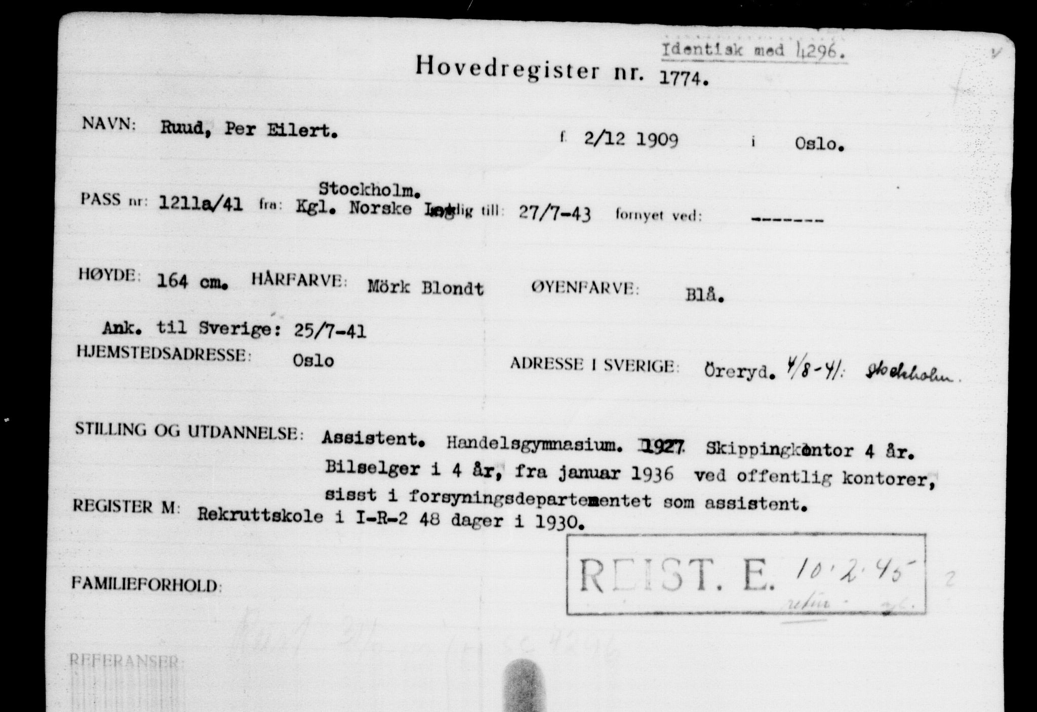 Den Kgl. Norske Legasjons Flyktningskontor, RA/S-6753/V/Va/L0002: Kjesäterkartoteket.  Flyktningenr. 1001-2000, 1940-1945, p. 1097