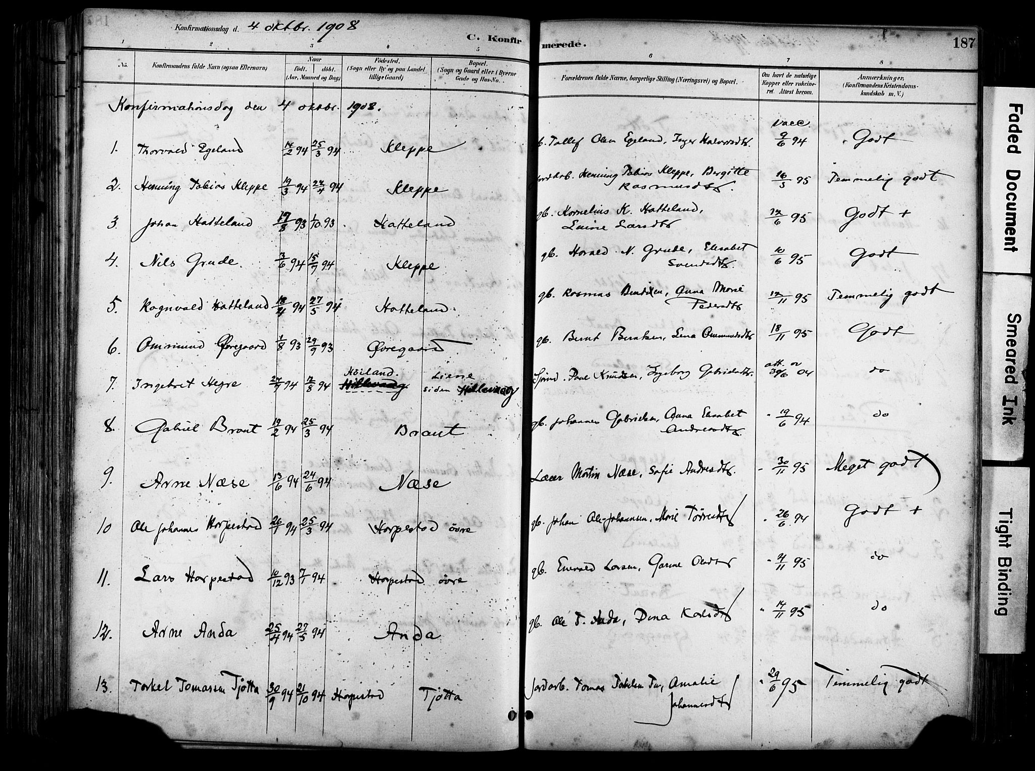 Klepp sokneprestkontor, SAST/A-101803/001/3/30BA/L0009: Parish register (official) no. A 7, 1886-1915, p. 187