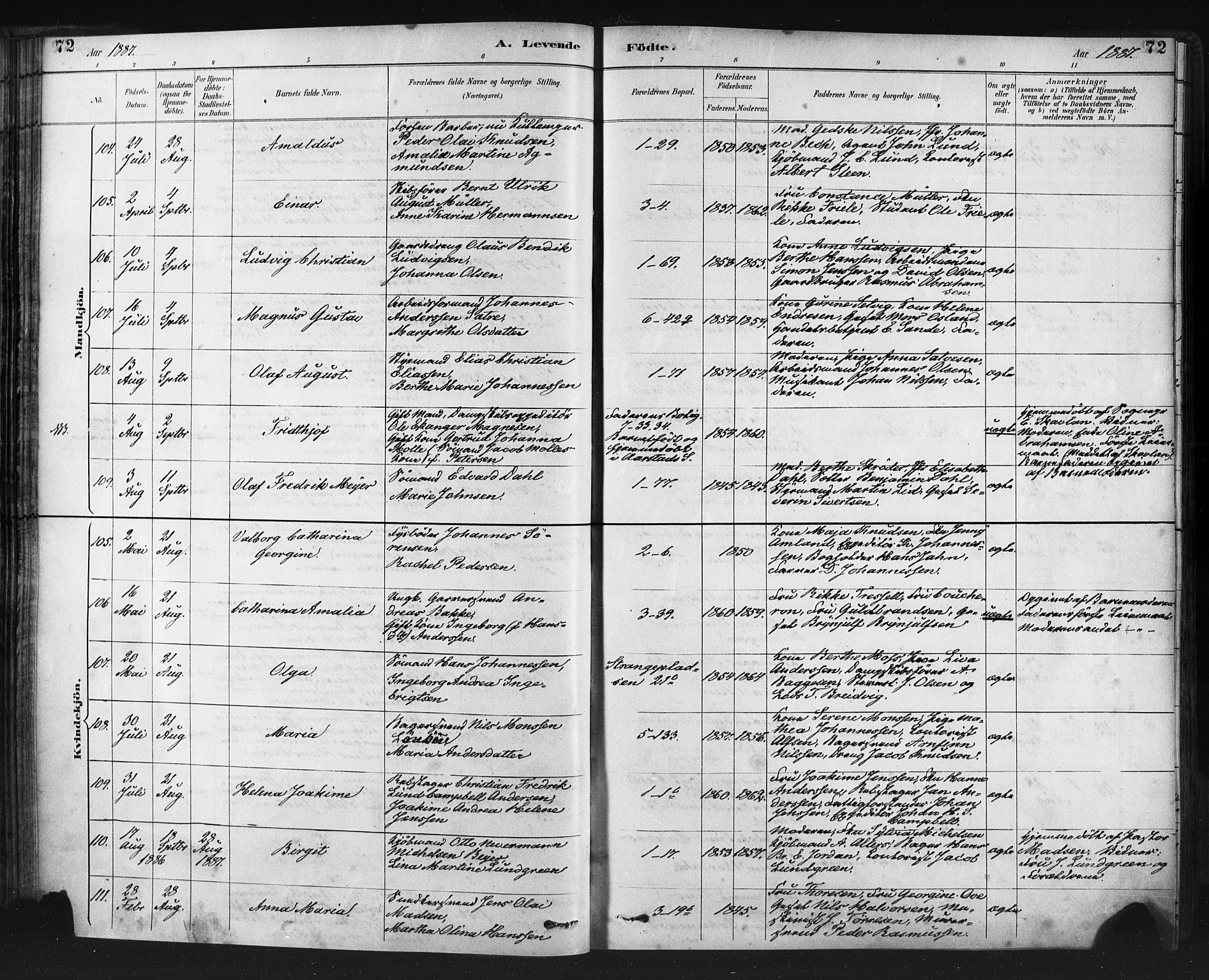 Nykirken Sokneprestembete, SAB/A-77101/H/Haa: Parish register (official) no. B 5, 1885-1894, p. 72