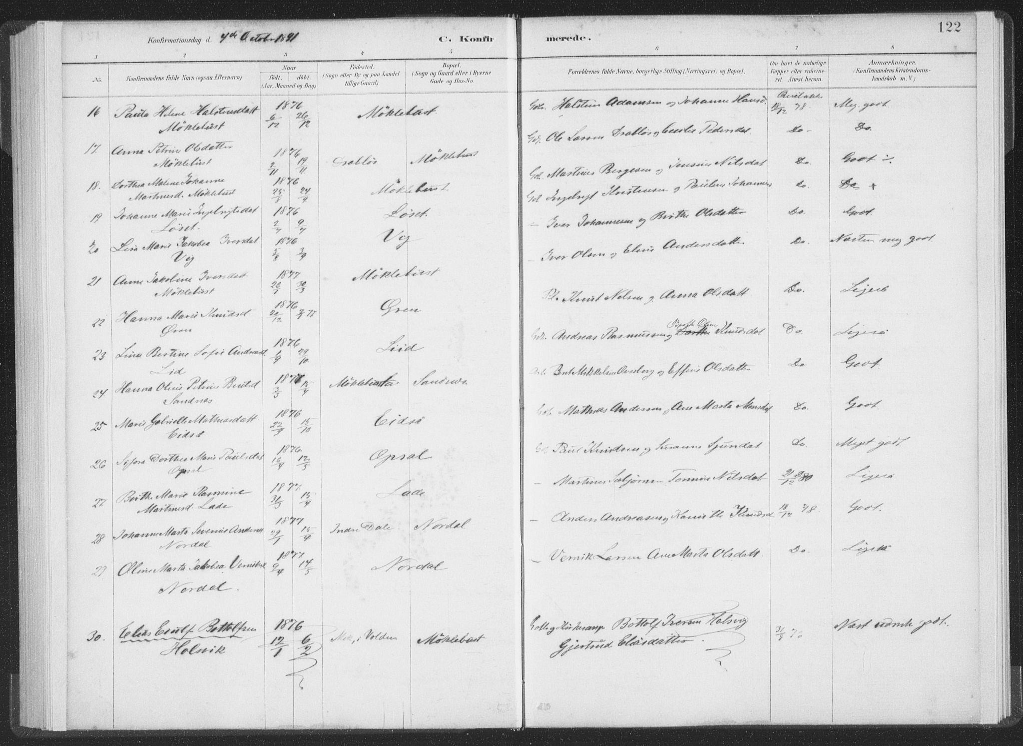 Ministerialprotokoller, klokkerbøker og fødselsregistre - Møre og Romsdal, AV/SAT-A-1454/502/L0025: Parish register (official) no. 502A03, 1885-1909, p. 122