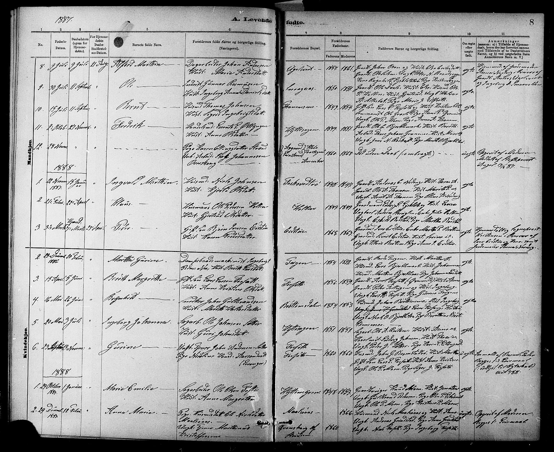 Ministerialprotokoller, klokkerbøker og fødselsregistre - Sør-Trøndelag, AV/SAT-A-1456/618/L0452: Parish register (copy) no. 618C03, 1884-1906, p. 8