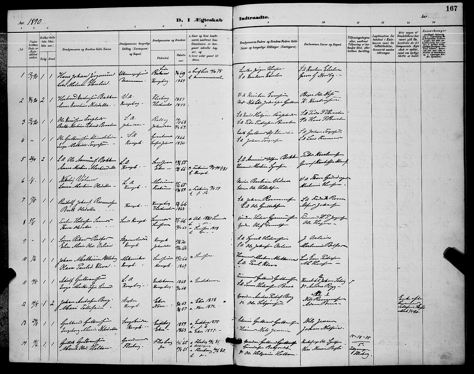 Kongsberg kirkebøker, AV/SAKO-A-22/G/Ga/L0006: Parish register (copy) no. 6, 1890-1901, p. 167