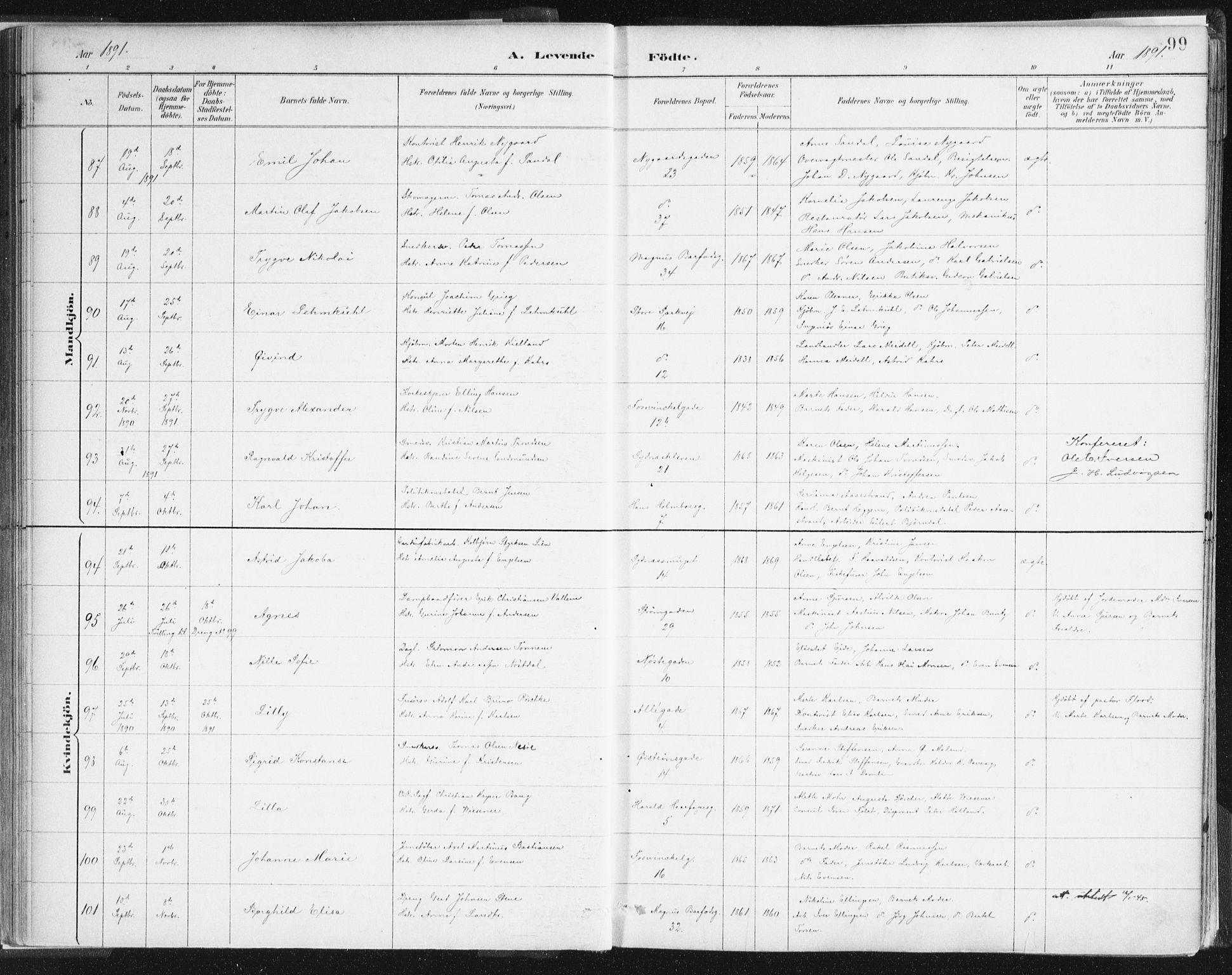Johanneskirken sokneprestembete, SAB/A-76001/H/Haa/L0001: Parish register (official) no. A 1, 1885-1900, p. 99