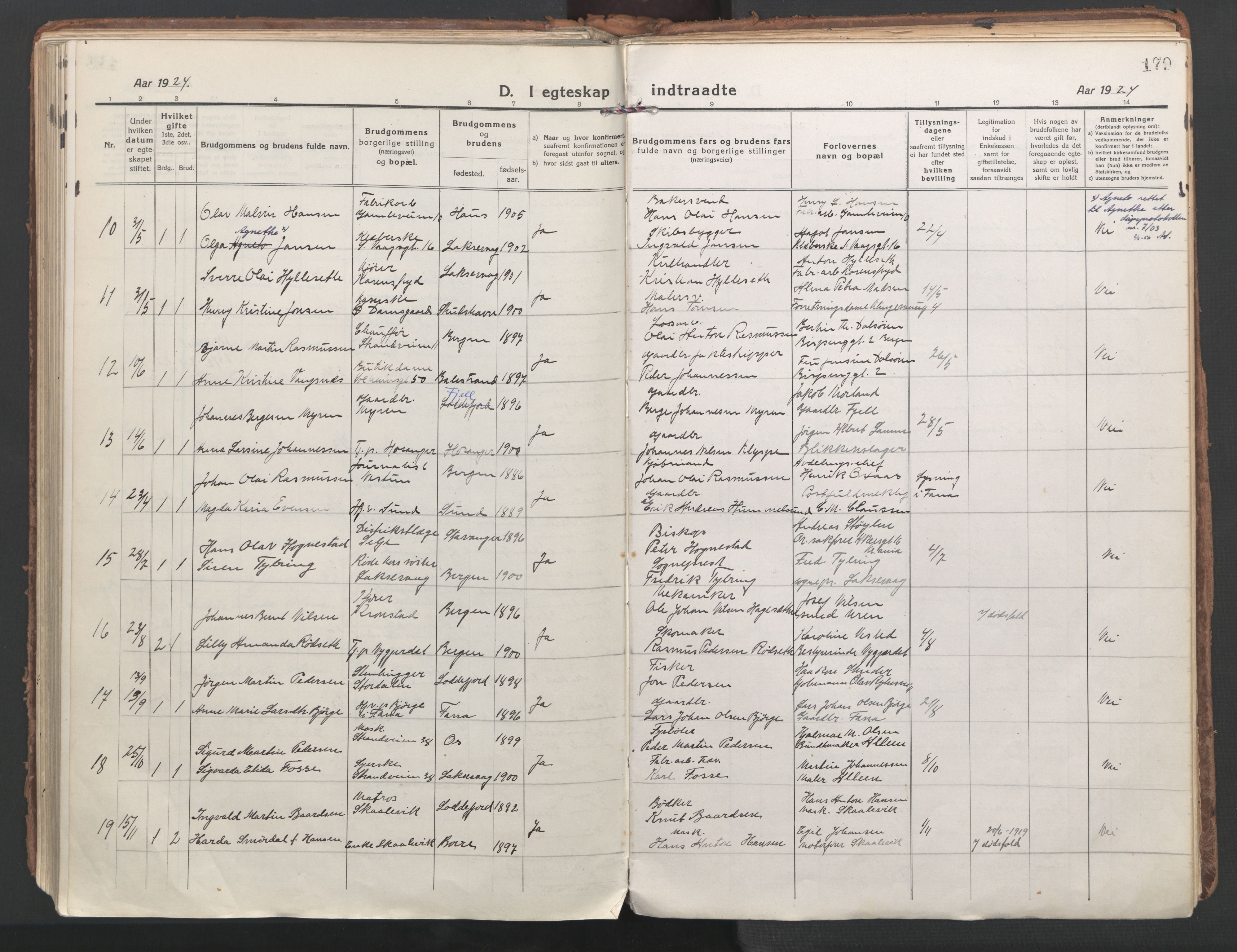 Laksevåg Sokneprestembete, AV/SAB-A-76501/H/Ha/Haa/Haaa/L0002: Parish register (official) no. A 2, 1917-1927, p. 179