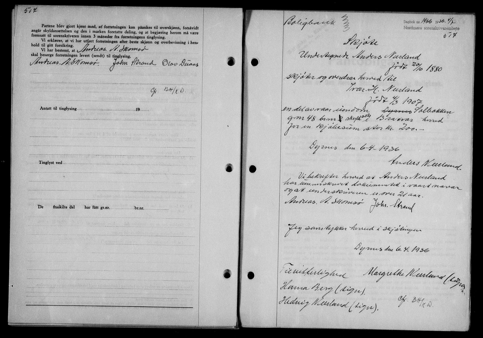 Nordmøre sorenskriveri, AV/SAT-A-4132/1/2/2Ca/L0088: Mortgage book no. 78, 1936-1936, Diary no: : 1466/1936