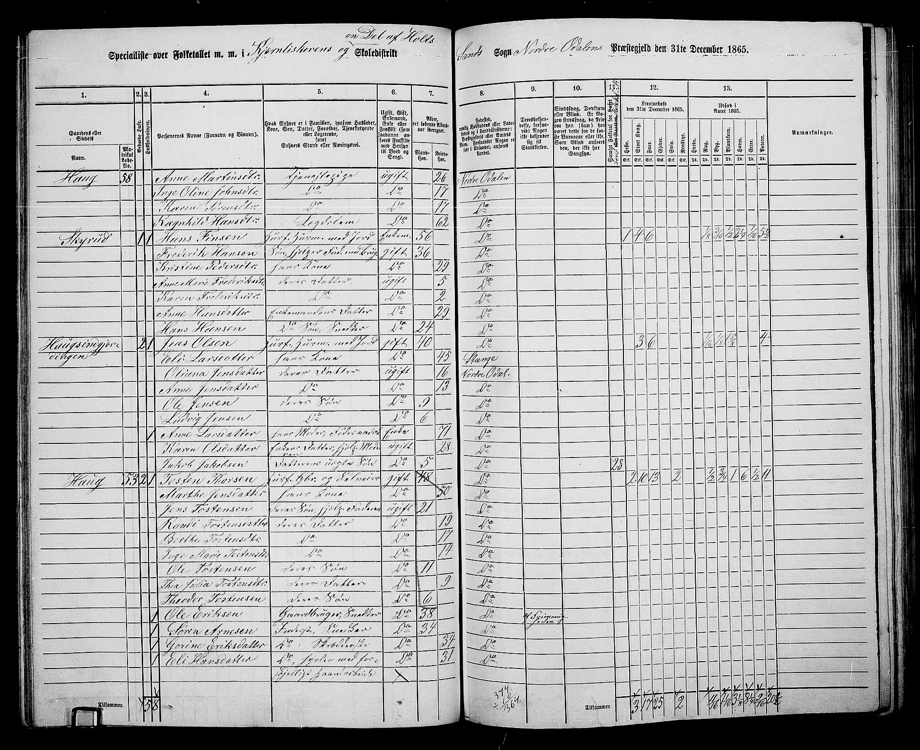 RA, 1865 census for Nord-Odal, 1865, p. 63