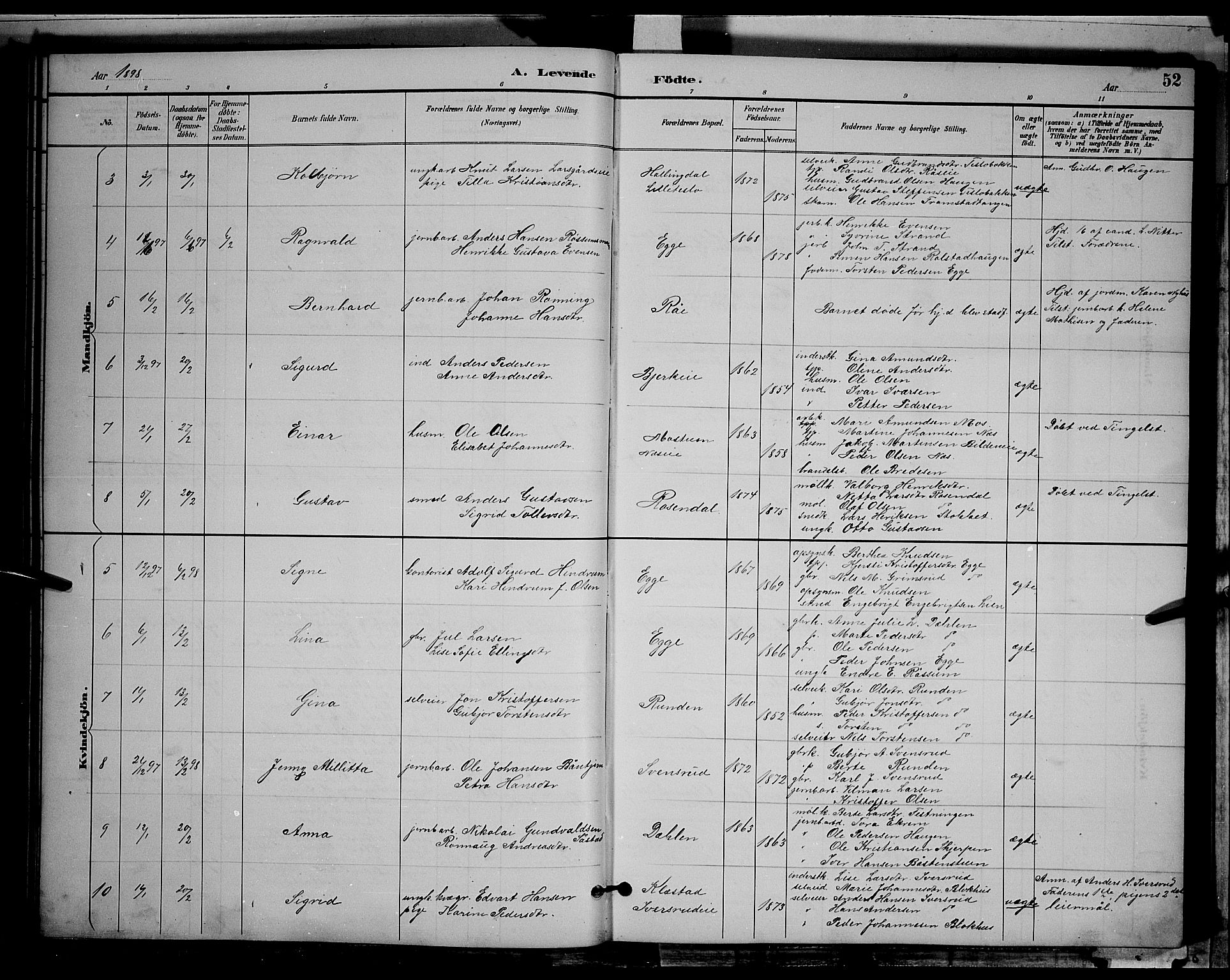 Gran prestekontor, AV/SAH-PREST-112/H/Ha/Hab/L0004: Parish register (copy) no. 4, 1890-1899, p. 52