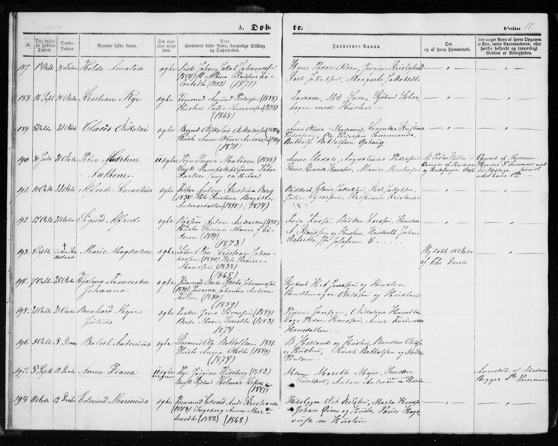 Tromsø sokneprestkontor/stiftsprosti/domprosti, AV/SATØ-S-1343/G/Gb/L0008klokker: Parish register (copy) no. 8, 1875-1879, p. 11