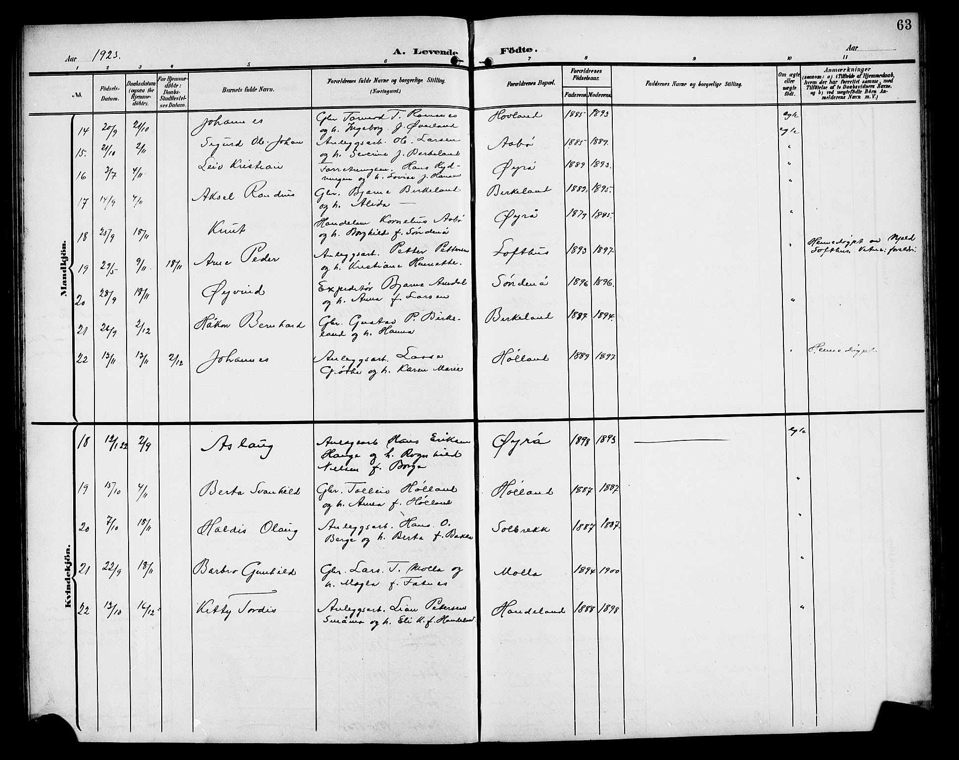 Sand sokneprestkontor, AV/SAST-A-101848/01/IV/L0004: Parish register (copy) no. B 4, 1903-1927, p. 63