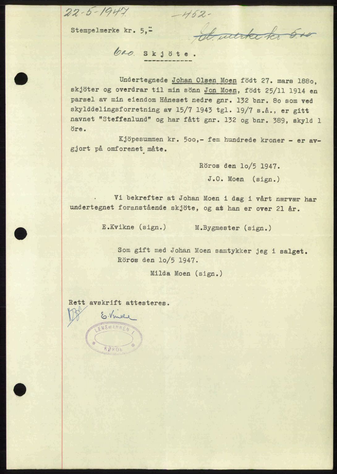 Gauldal sorenskriveri, SAT/A-0014/1/2/2C: Mortgage book no. A3, 1947-1947, Diary no: : 600/1947