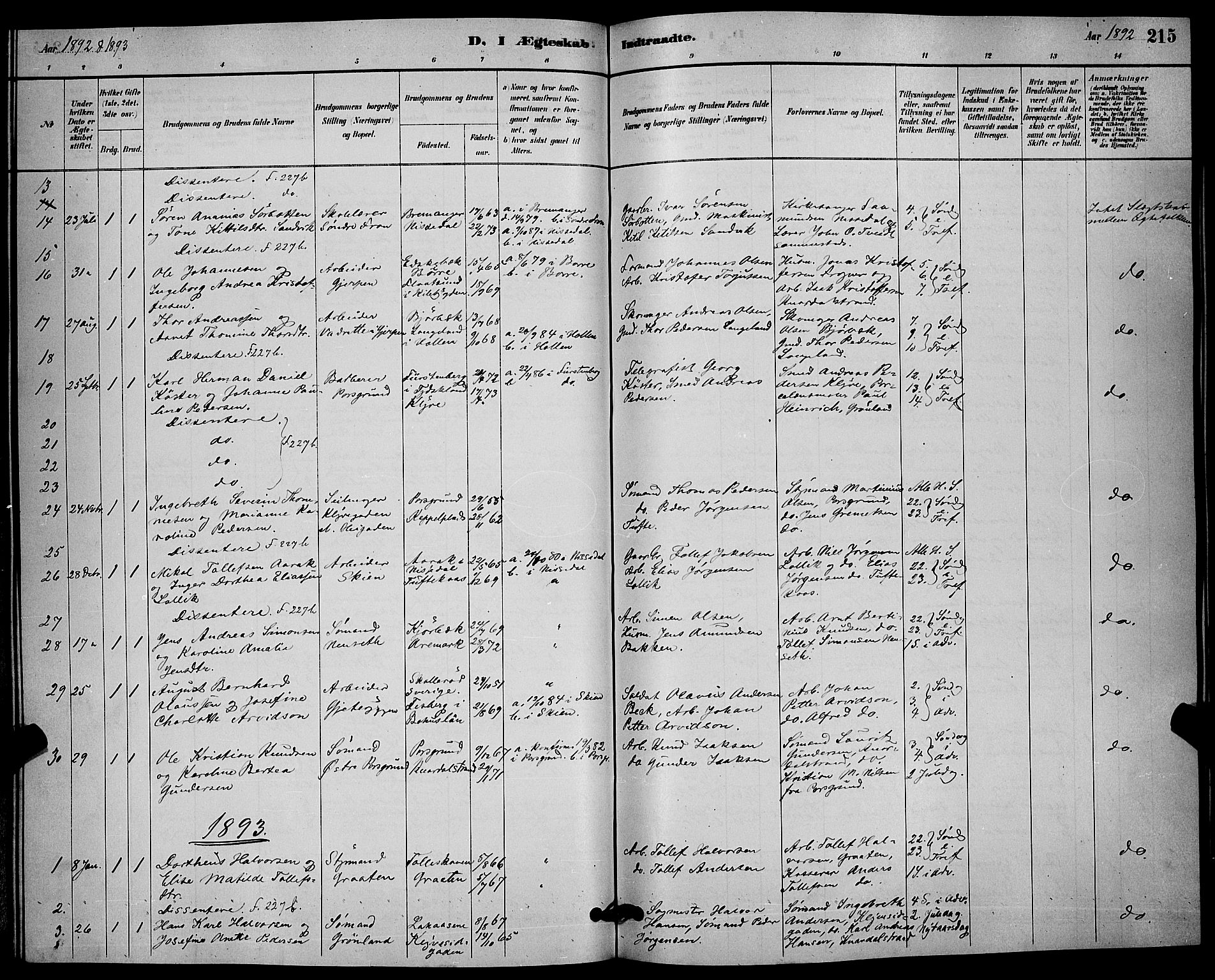Solum kirkebøker, SAKO/A-306/G/Ga/L0007: Parish register (copy) no. I 7, 1884-1898, p. 215