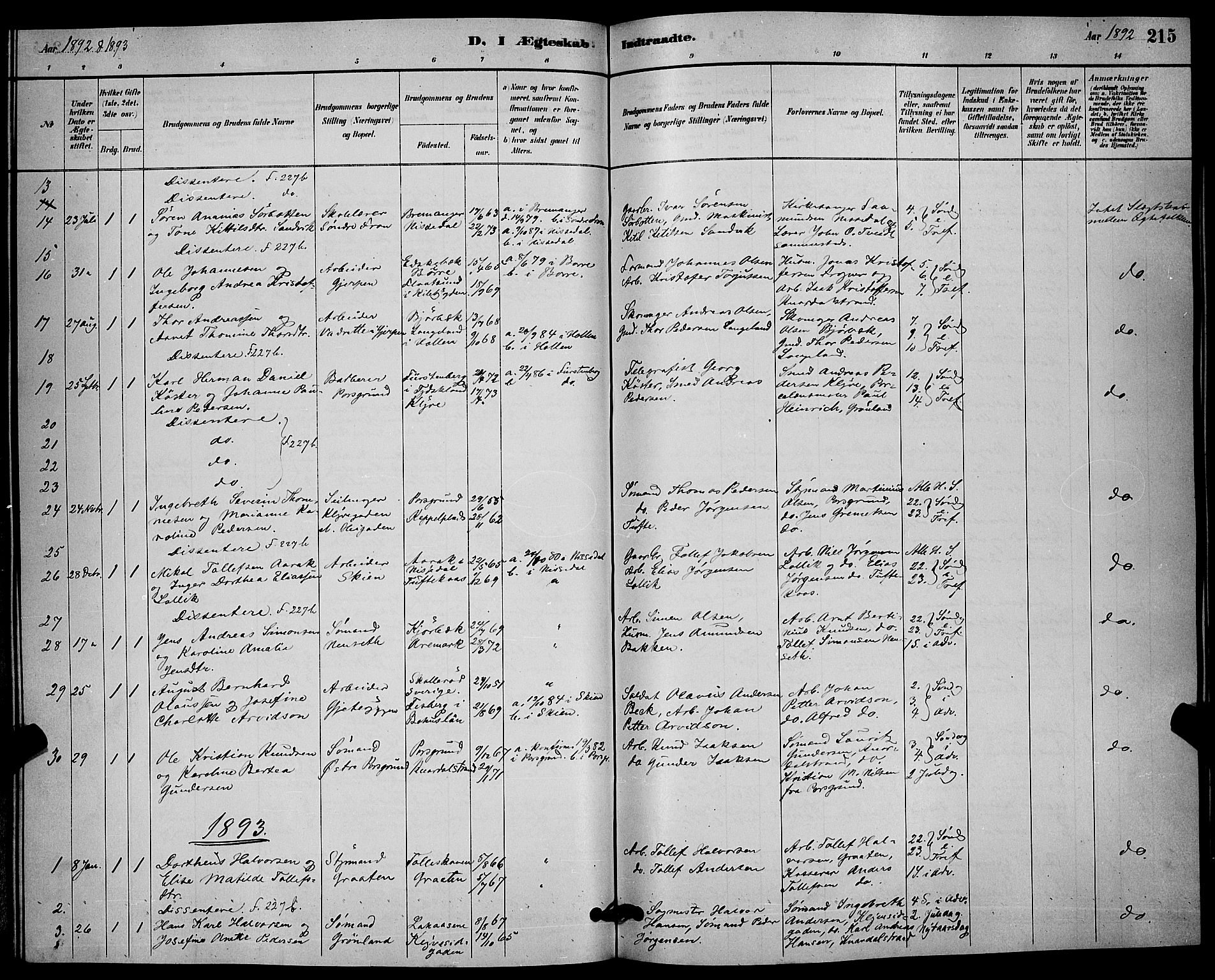Solum kirkebøker, AV/SAKO-A-306/G/Ga/L0007: Parish register (copy) no. I 7, 1884-1898, p. 215
