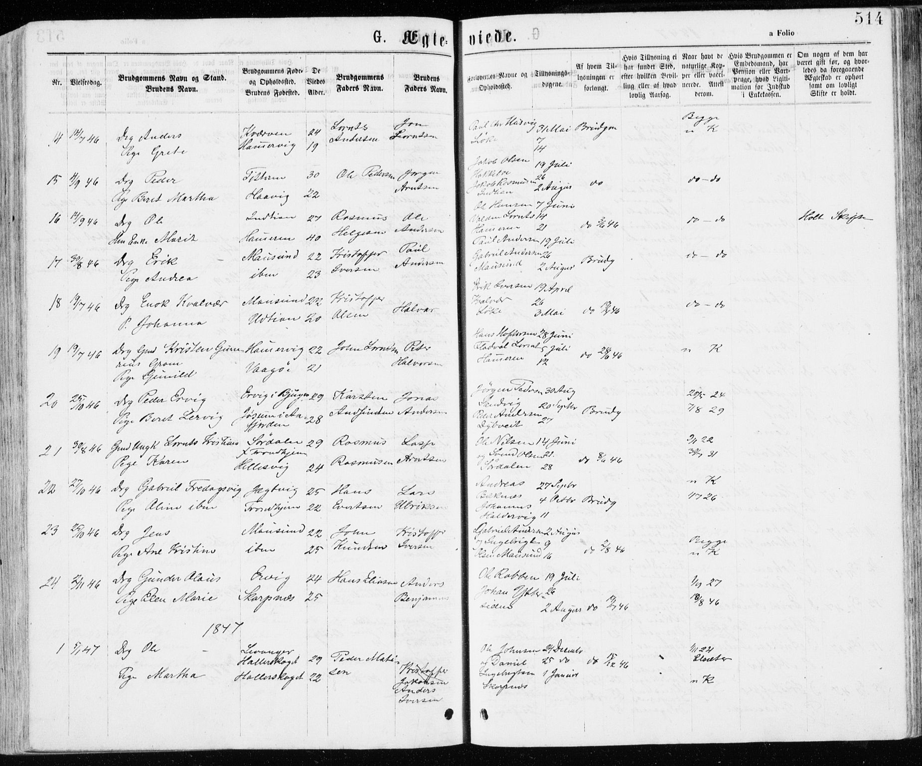 Ministerialprotokoller, klokkerbøker og fødselsregistre - Sør-Trøndelag, SAT/A-1456/640/L0576: Parish register (official) no. 640A01, 1846-1876, p. 514