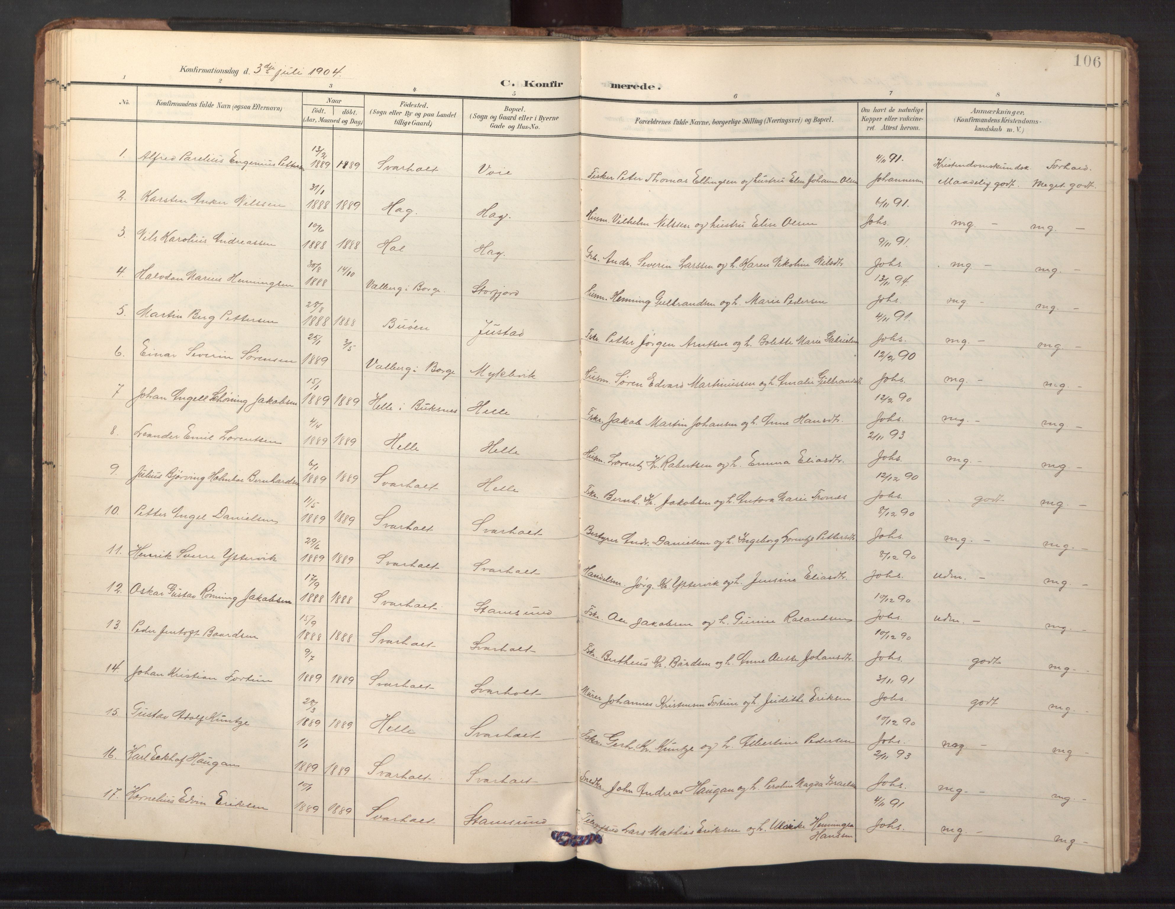 Ministerialprotokoller, klokkerbøker og fødselsregistre - Nordland, AV/SAT-A-1459/882/L1185: Parish register (copy) no. 882C03, 1898-1910, p. 106