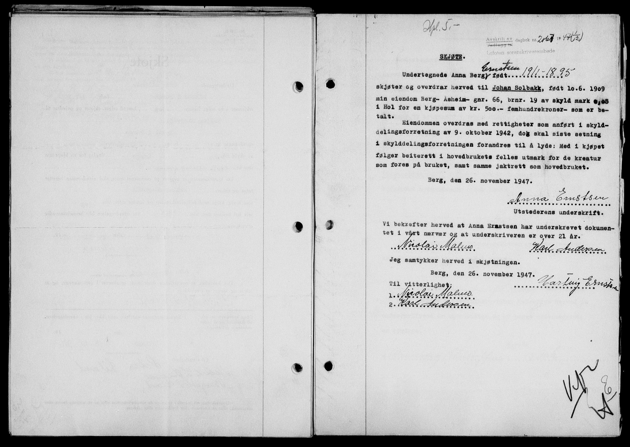 Lofoten sorenskriveri, SAT/A-0017/1/2/2C/L0017a: Mortgage book no. 17a, 1947-1948, Diary no: : 2067/1947