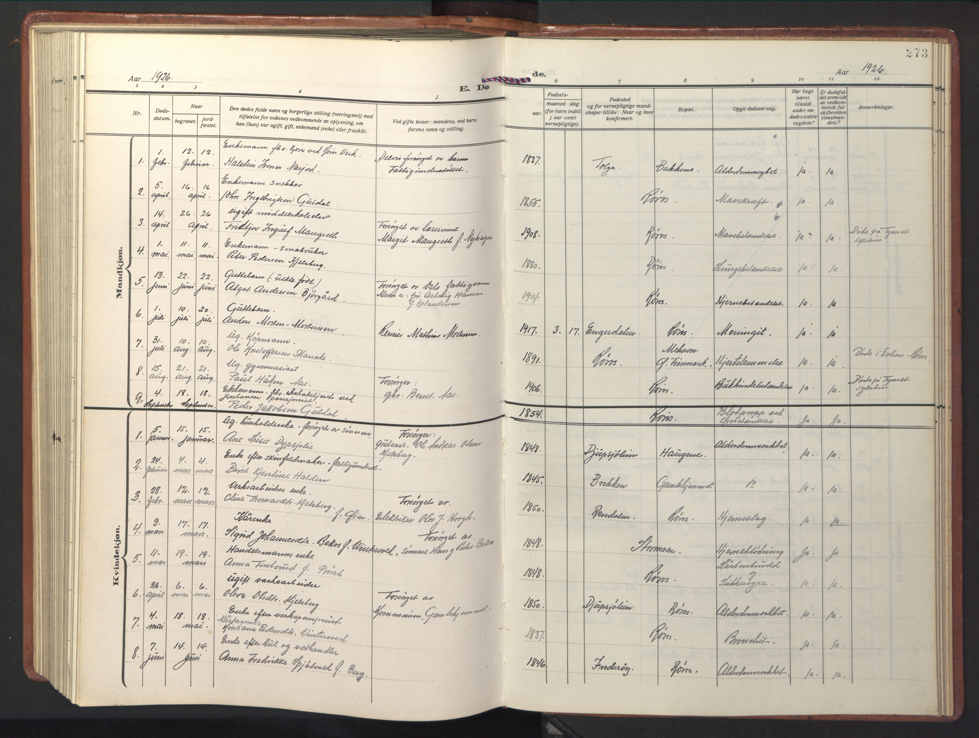 Ministerialprotokoller, klokkerbøker og fødselsregistre - Sør-Trøndelag, SAT/A-1456/681/L0943: Parish register (copy) no. 681C07, 1926-1954, p. 273