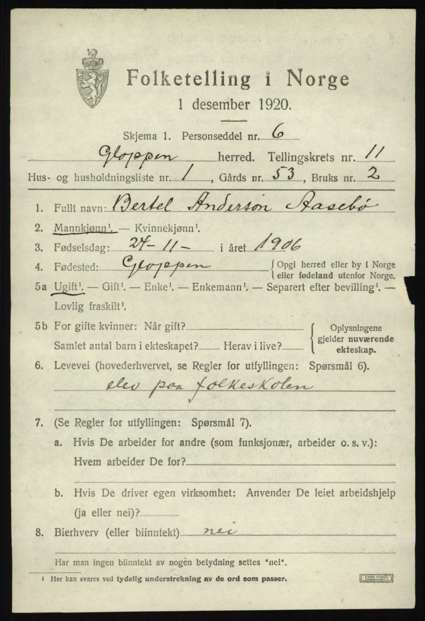 SAB, 1920 census for Gloppen, 1920, p. 5484