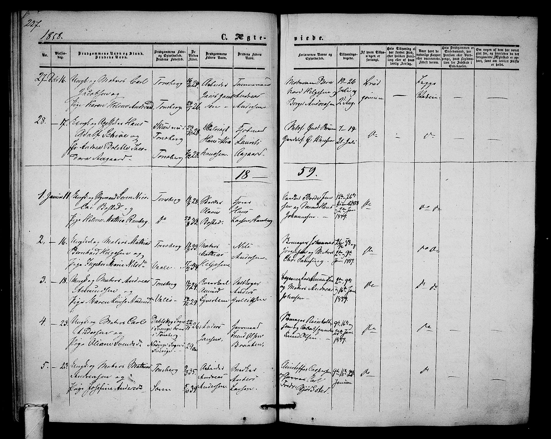 Tønsberg kirkebøker, AV/SAKO-A-330/G/Ga/L0003: Parish register (copy) no. 3, 1855-1864, p. 227