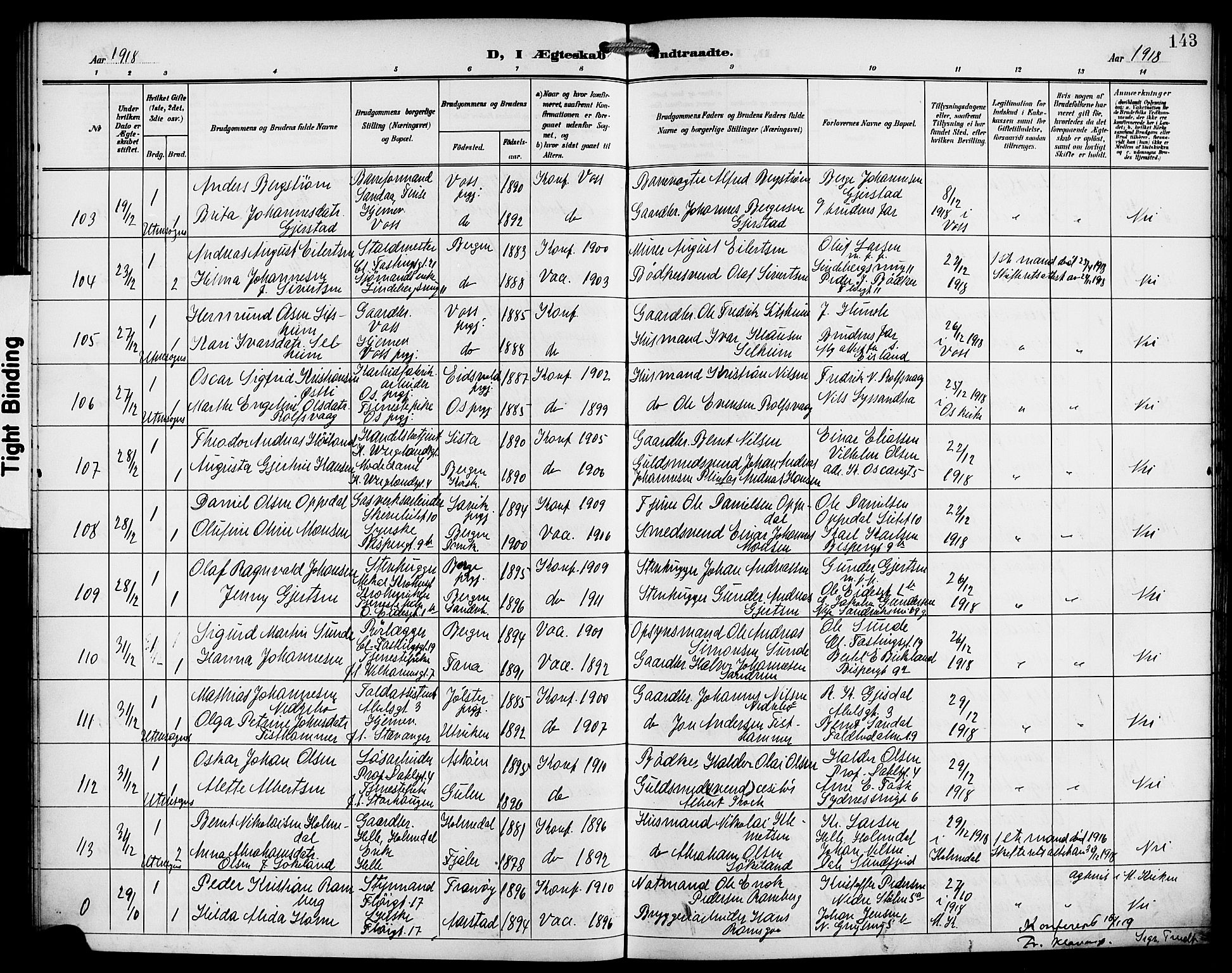 Korskirken sokneprestembete, AV/SAB-A-76101/H/Hab: Parish register (copy) no. D 4, 1906-1925, p. 143