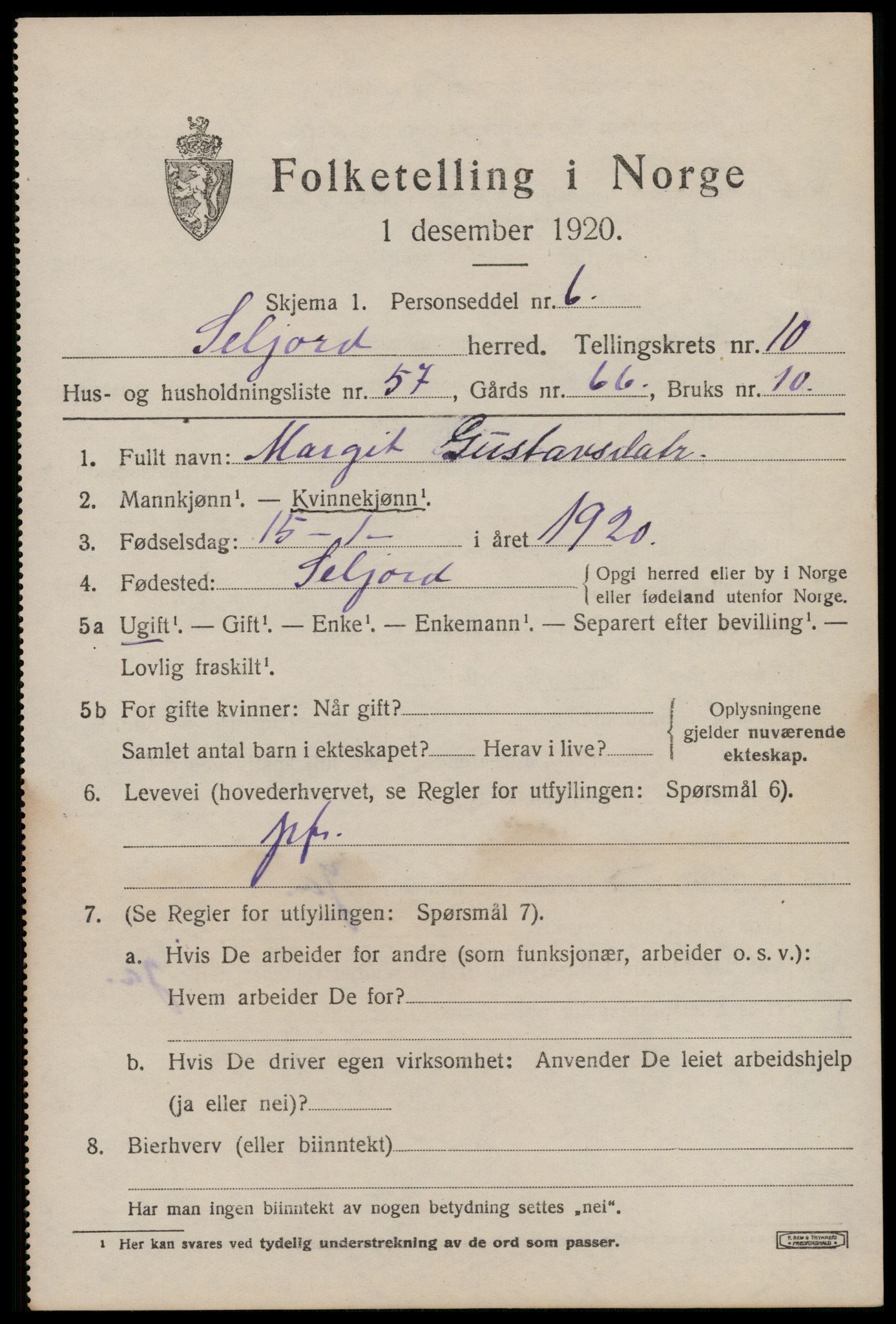 SAKO, 1920 census for Seljord, 1920, p. 5350