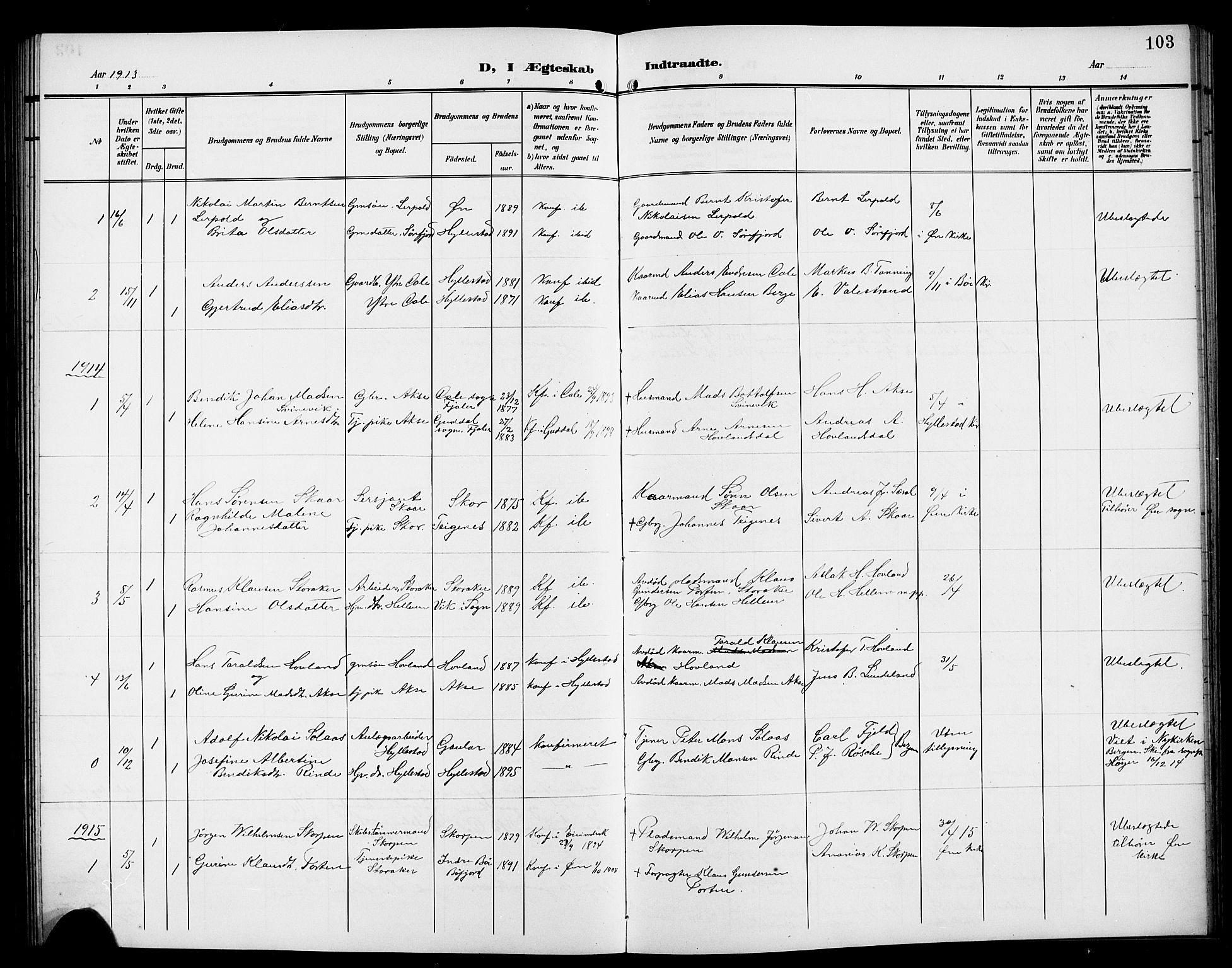 Hyllestad sokneprestembete, SAB/A-80401: Parish register (copy) no. A 3, 1906-1925, p. 103