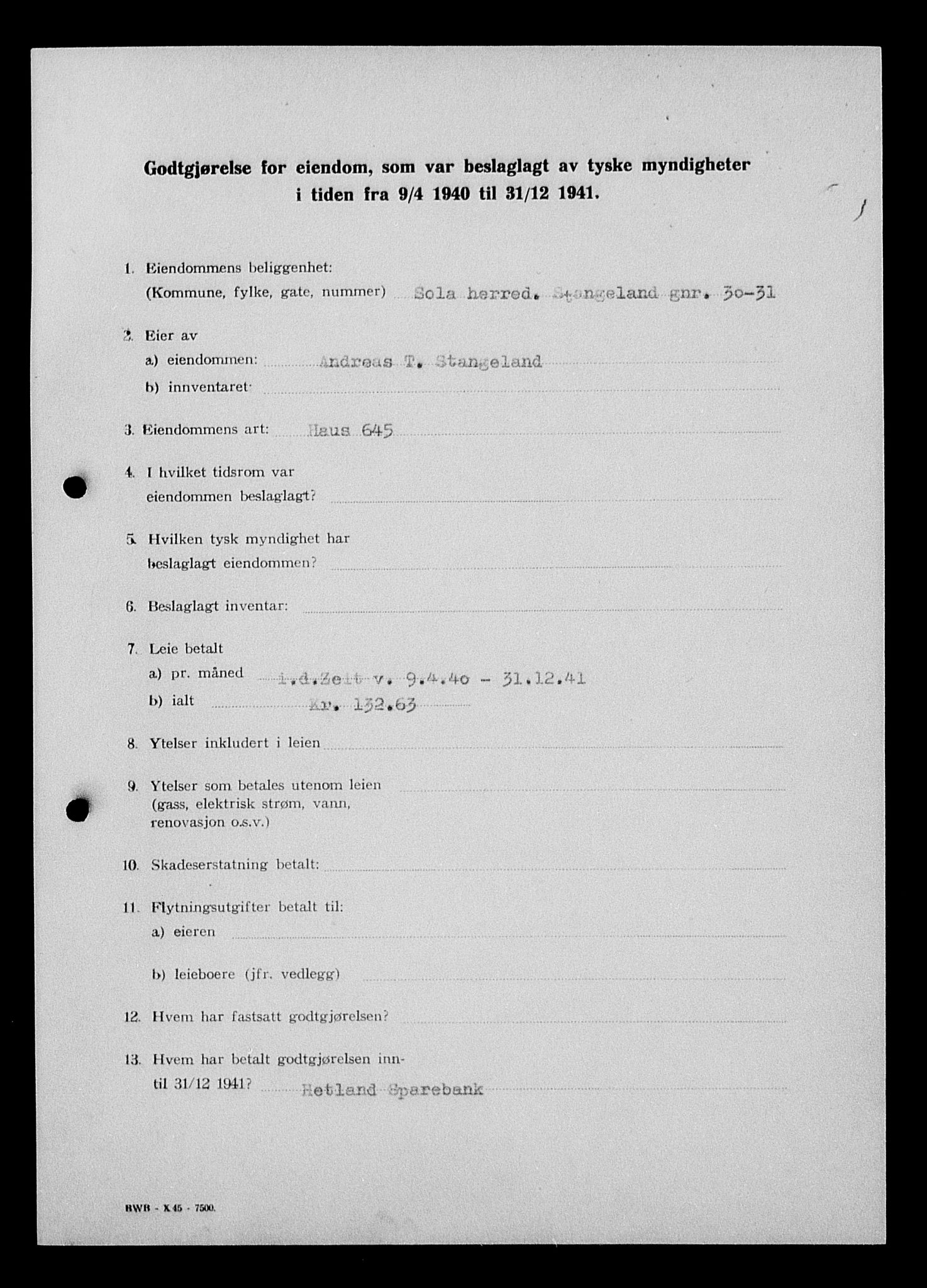 Justisdepartementet, Tilbakeføringskontoret for inndratte formuer, AV/RA-S-1564/I/L1015: Godtgjørelse for beslaglagt eiendom, 1940-1941, p. 273
