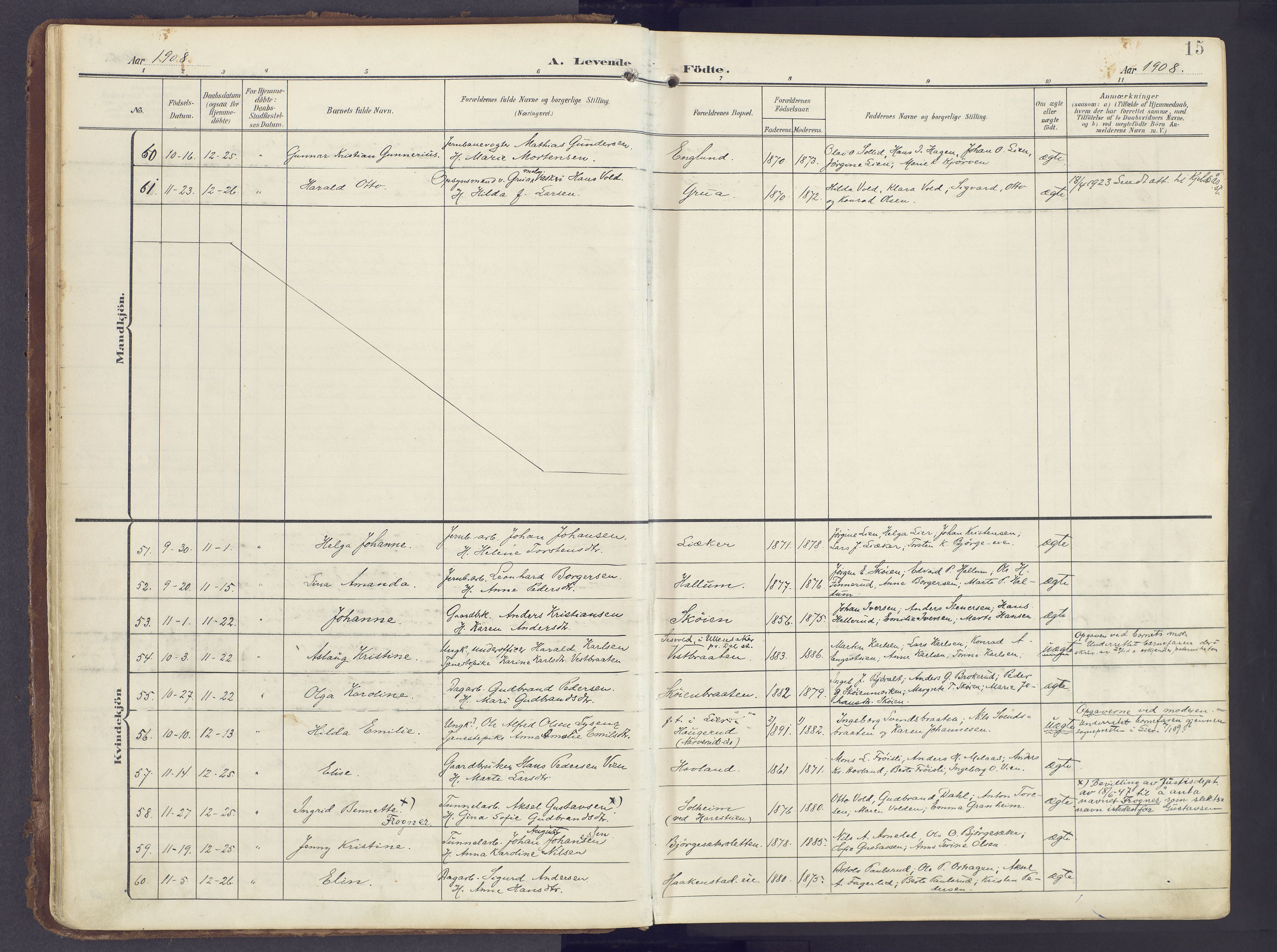 Lunner prestekontor, SAH/PREST-118/H/Ha/Haa/L0001: Parish register (official) no. 1, 1907-1922, p. 15