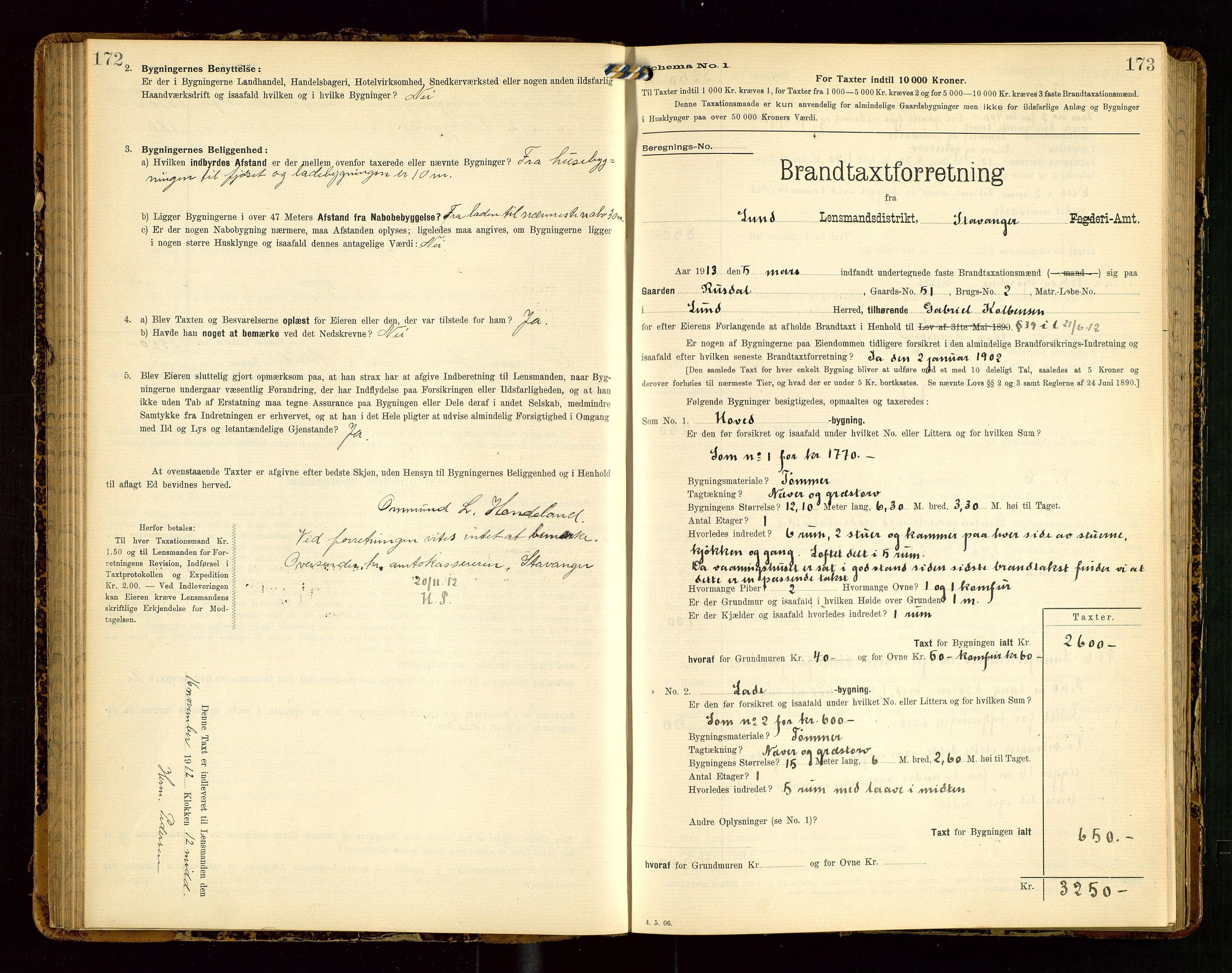 Lund lensmannskontor, AV/SAST-A-100303/Gob/L0002: "Brandtakstprotokol", 1908-1918, p. 172-173