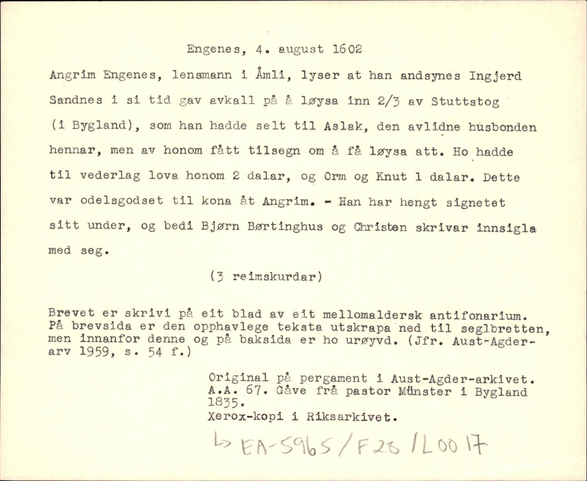 Riksarkivets diplomsamling, AV/RA-EA-5965/F35/F35d/L0002: Innlånte diplomer, seddelregister, 1592-1620, p. 351