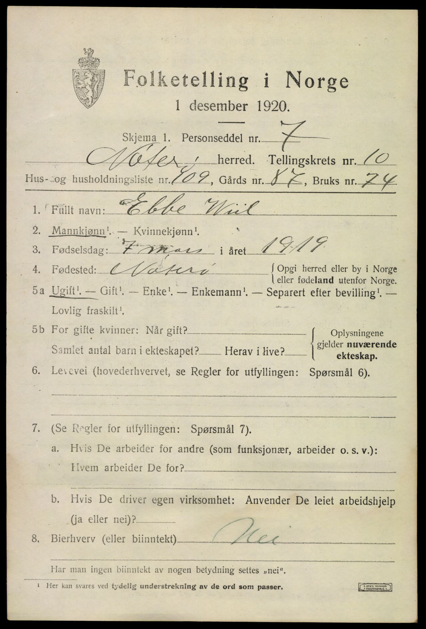 SAKO, 1920 census for Nøtterøy, 1920, p. 13497